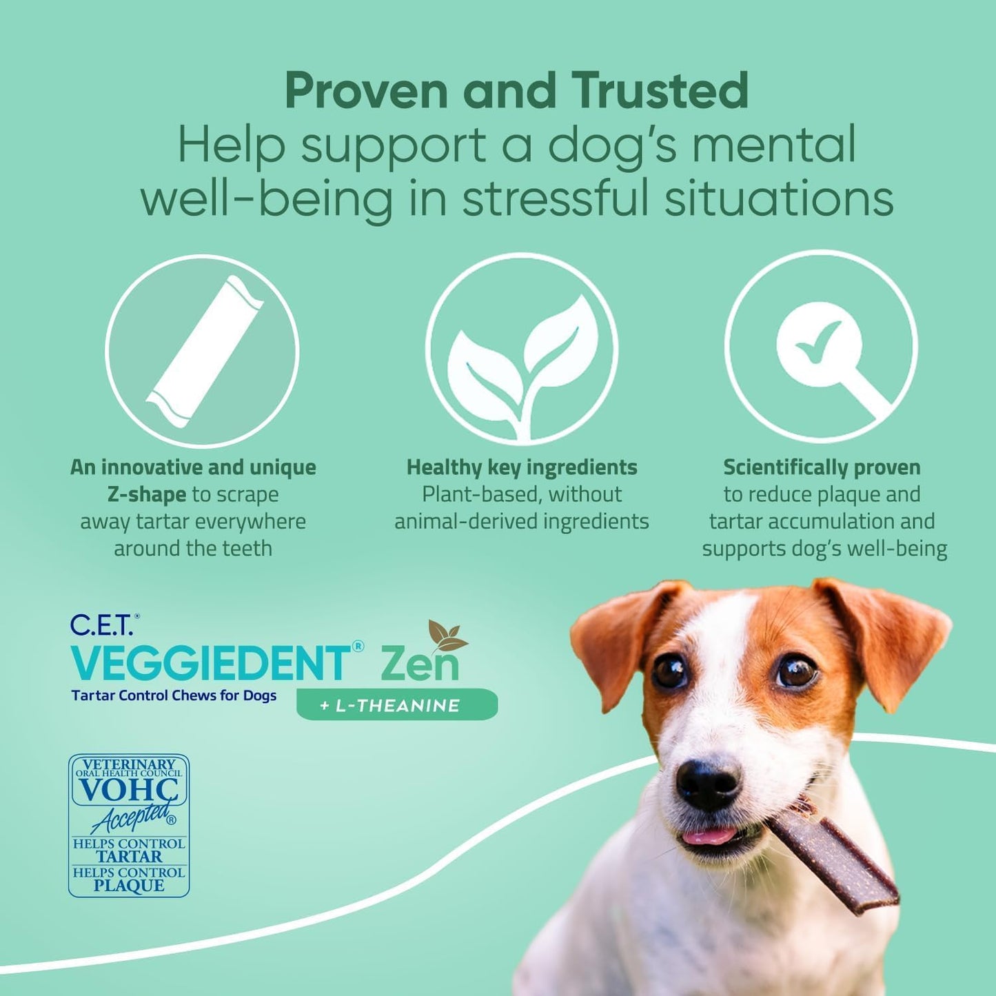 Virbac C.E.T.® VEGGIEDENT® Zen Tartar Control Chews for Dogs - Multifunctional to Support Mental Well-Being, VOHC Approved - Extra Small Under 11lbs