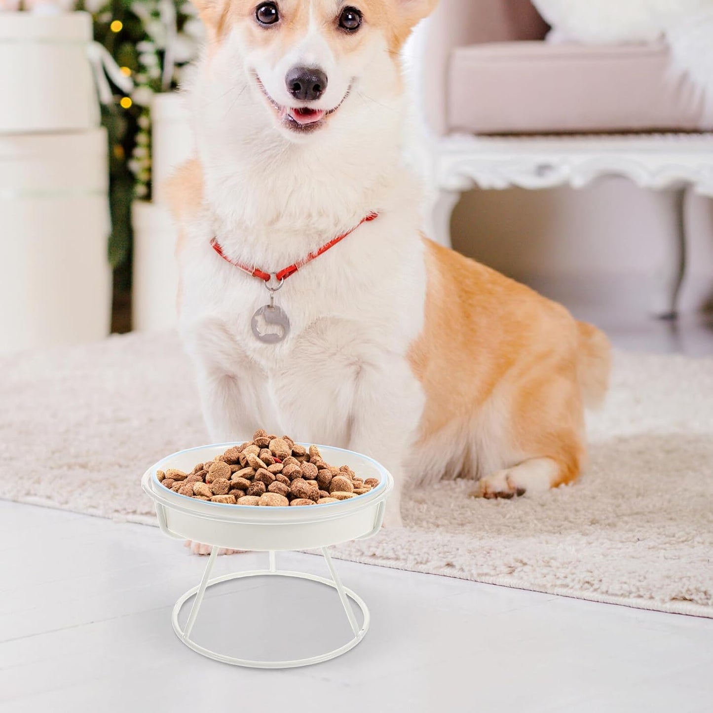 PRETYZOOM Ceramic Elevated Cat Slow Feeder Bowl with Stand, Anti-Choke Raised Pet Dish for Indoor Cats and Puppies, Blue Three-Fish and White Three-line Design
