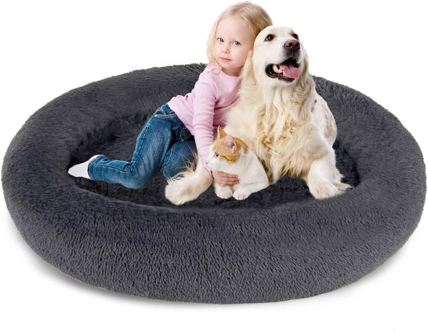 SAVFOX 54 inches Calming Donut Dog Bed - 3X Durable Plush Faux Fur, Machine Washable & Non-Slip, Fits up to 210 lbs, Removable Cover, Dark Grey