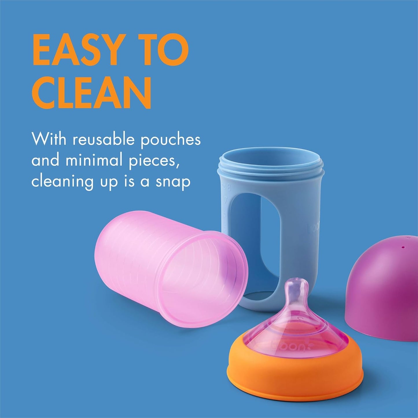 Boon Nursh Bottles - Silicone Baby Bottles Help Ease Colic Symptoms - Reusable Food-Grade Silicone Pouches with Polypropylene Shell - Medium Flow - 8 Oz - Color Block