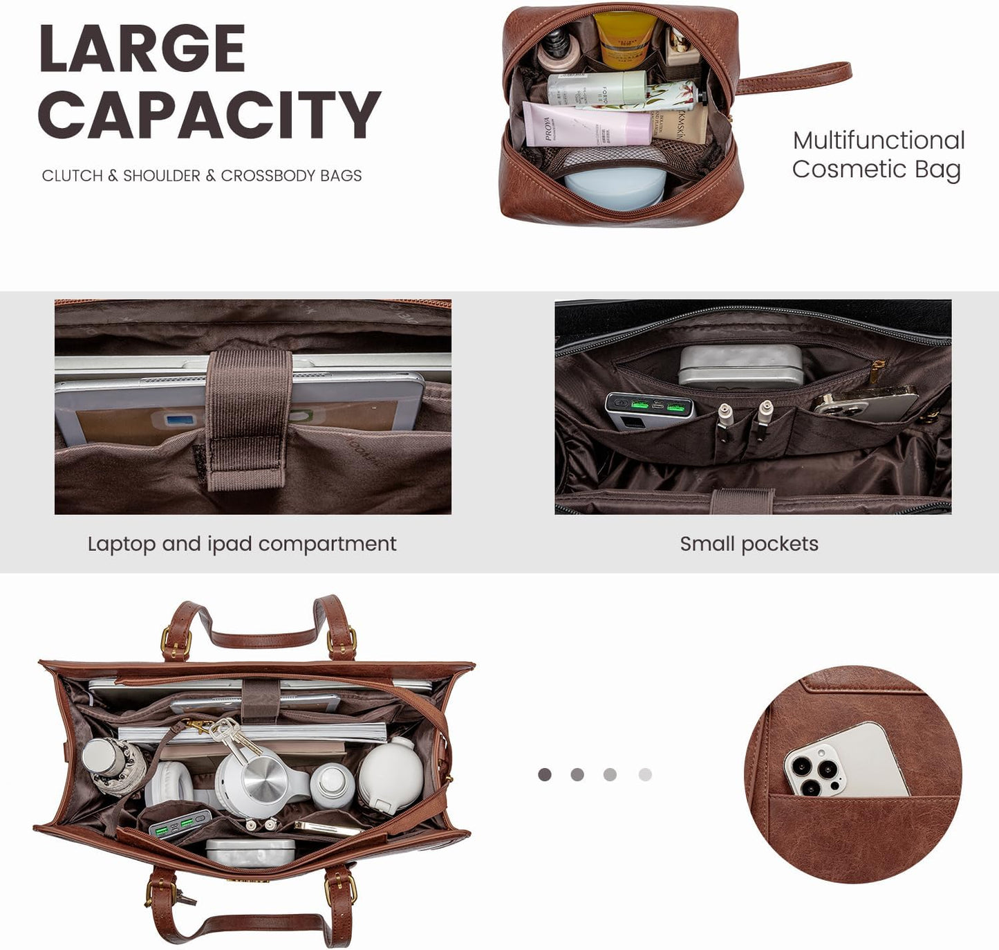 LOVEVOOK Laptop Tote Bag for Women,15.6 Inch Vintage Work Bag with Clutch,Large Leather Laptop Purse with Cup Holder for Teacher,Office
