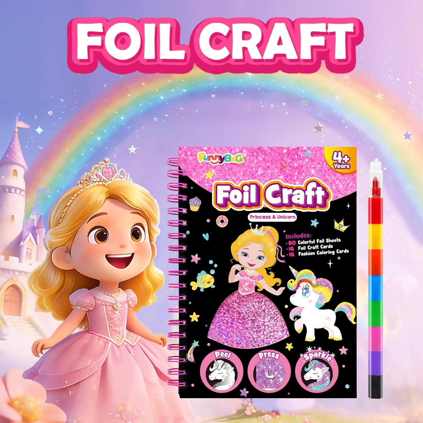 FUNNYB&G Foil Art Crafts for Kids Ages 4-8: Easter Basket Stuffers Essentials for Kids 2026, Easter Gifts for Girls, Crafts Supplies,Party Favors,Creative Toys for Girls 4 5 6 7 8 Years Old(Princess)