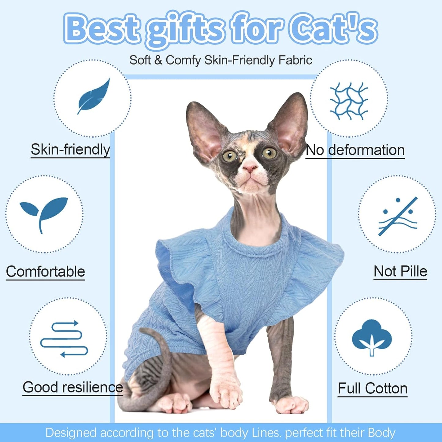DENTRUN Sphynx Hairless Cats Shirt Pullover Kitten Clothes with Cute Flounced Sleeves Breathable Cat Wear Sweater Jumpsuit Sphynx Outfit Vest Blue XX-Large