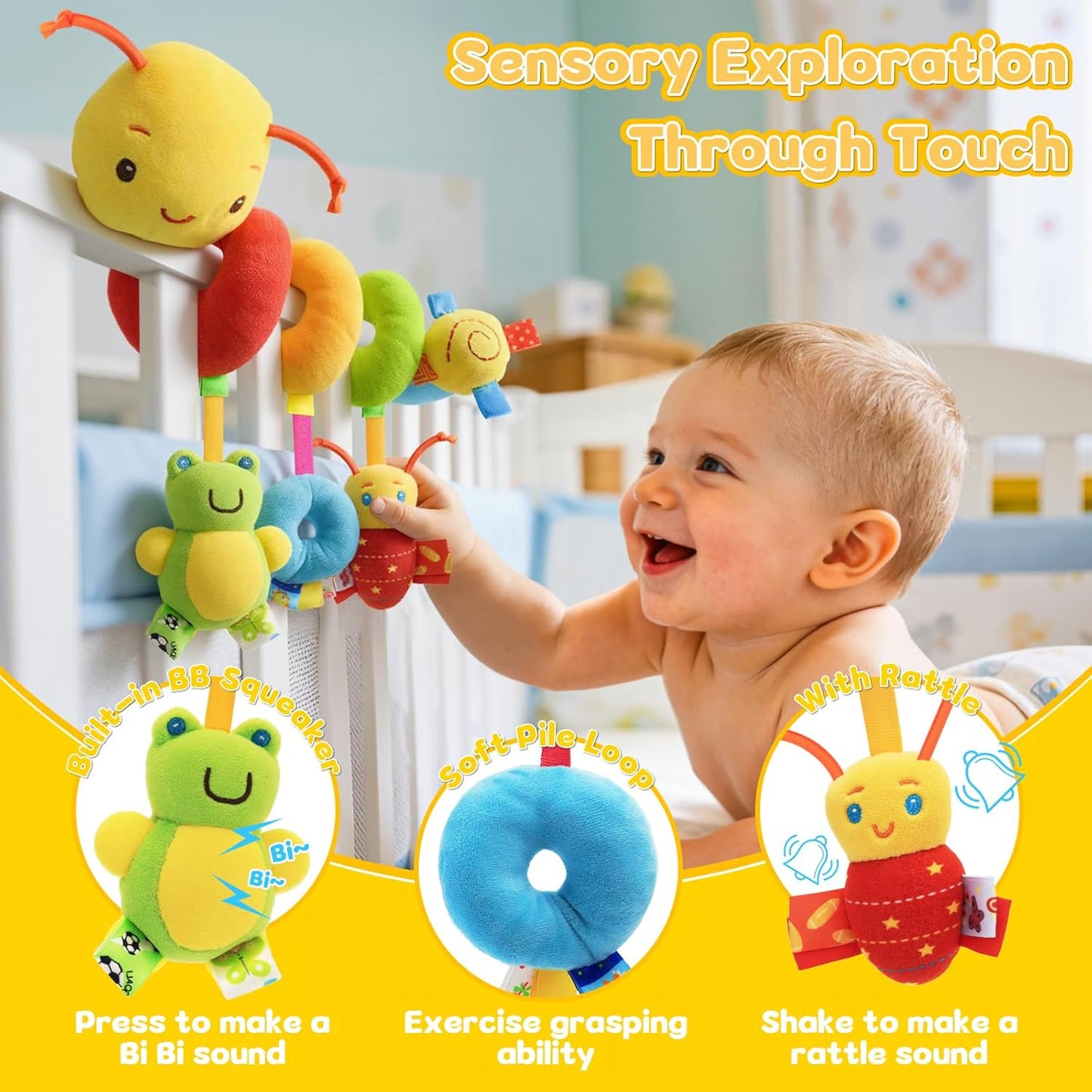 FPVERA Baby Crib Hanging Rattles Toys - Infant Baby Car Seat Around Rattle Toys Cartoon Insect Spiral Hanging Toy with Ringing Bell for Infants Bed Stroller Car Seat Bar for Babies Boys and Girls