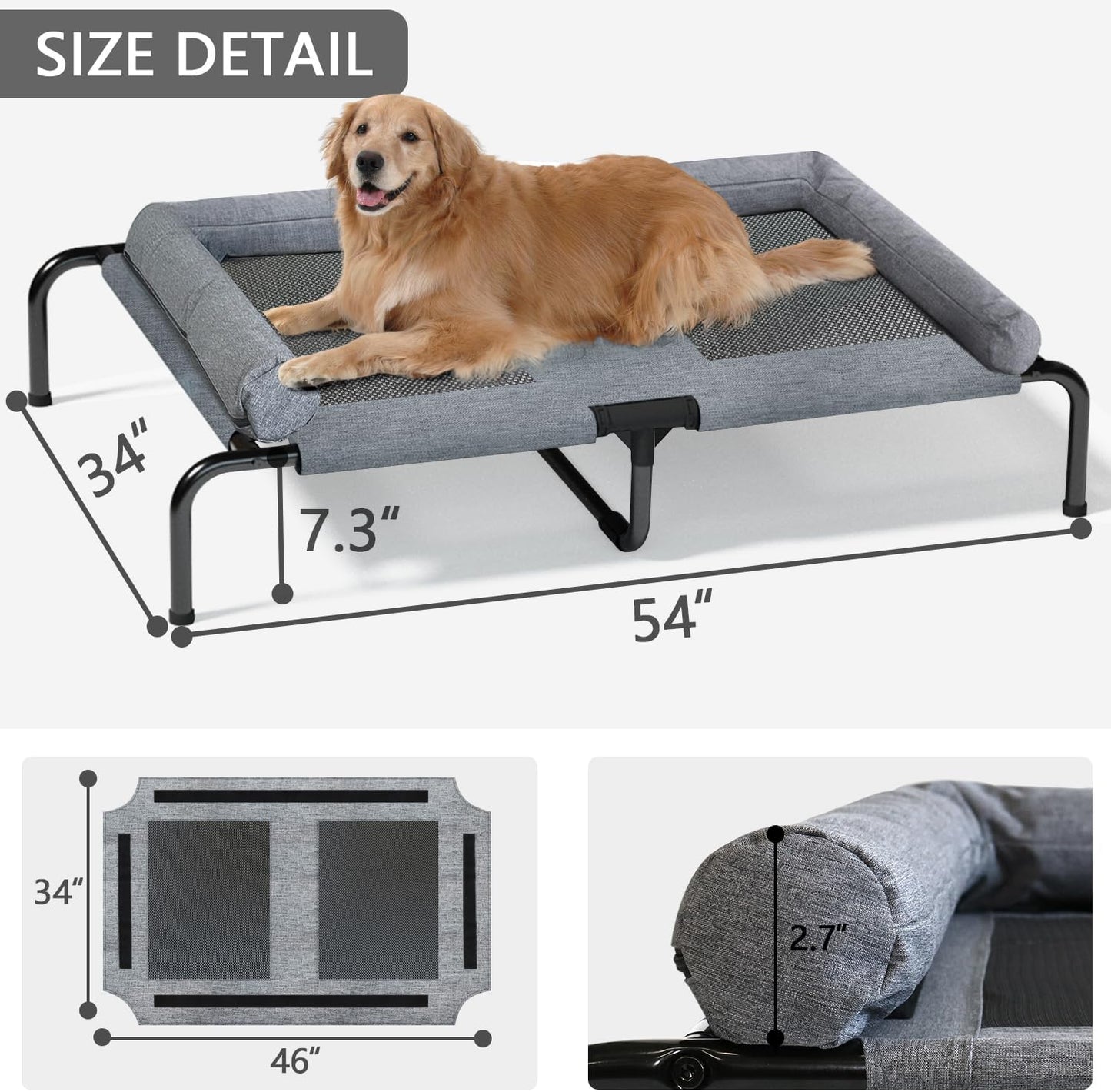 PETIME Cooling Elevated Pet Cushion Bed Raised Dog Cots for Small Dogs, Portable Indoor & Outdoor Pet Hammock, Frame with Breathable Mesh and Removable Bolsters (54 Inch)