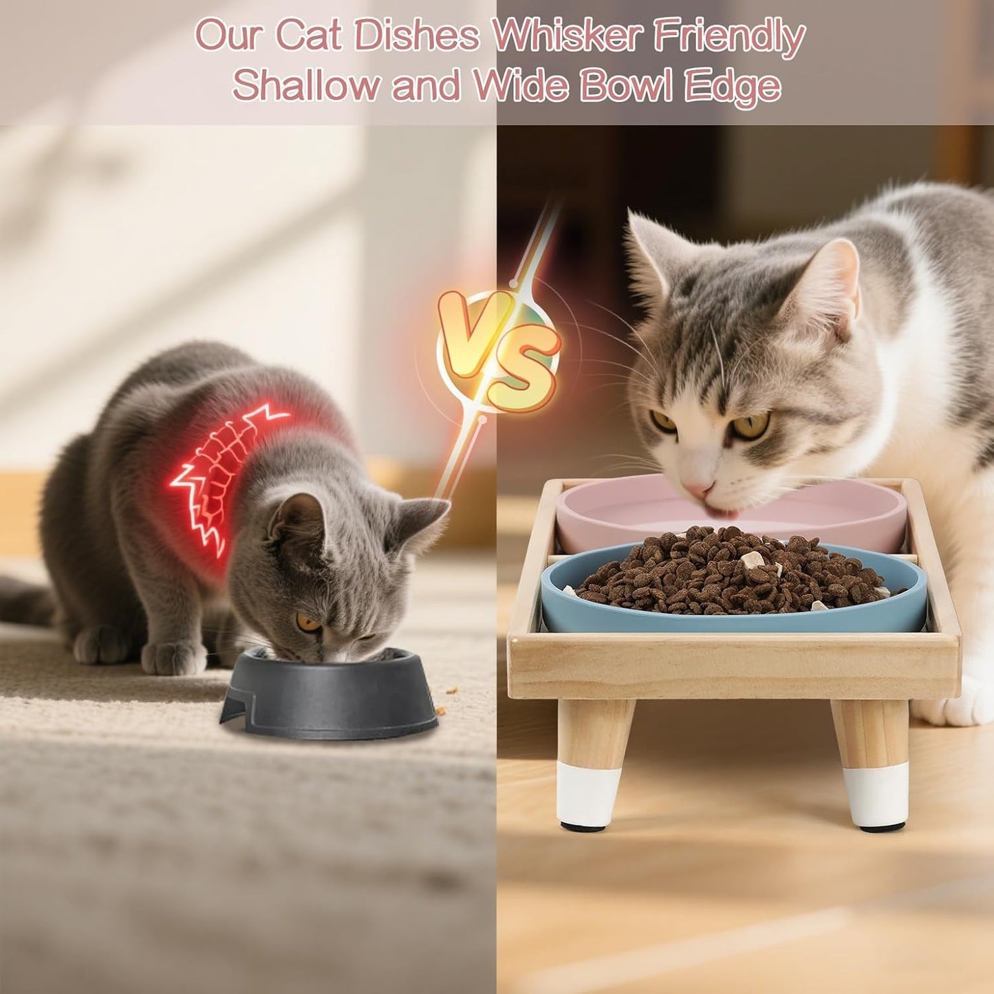Cat Food and Water Bowl Set, Raised Cat Bowls Elevated for Indoor 7" Wide Puppy Plates Anti Whisker Fatigue Pet Feeding Dishes,Pet Feeding Station for Cats & Small Dogs (2Shallow Dish+Stand)