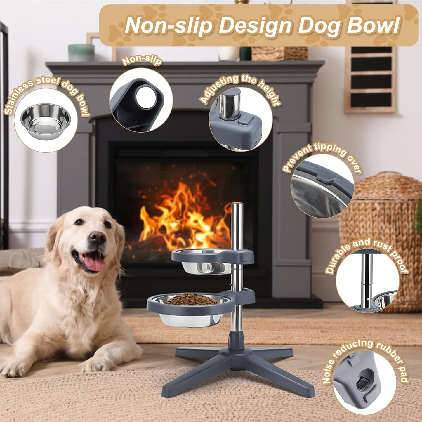 Elevated Dog Bowls Stainless Steel Elevated Dog Bowl Adjustable Height (5.51" to 17.72") Suitable for Medium Large Dogs & Cats Comes with 2 Stainless Steel Dog Bowls Diameter 7.87"