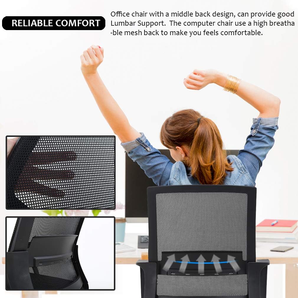 BestOffice Swivel Rolling Computer Chair Executive Lumbar Support Task Mesh Chair Adjustable Stool for Women Men (Black)