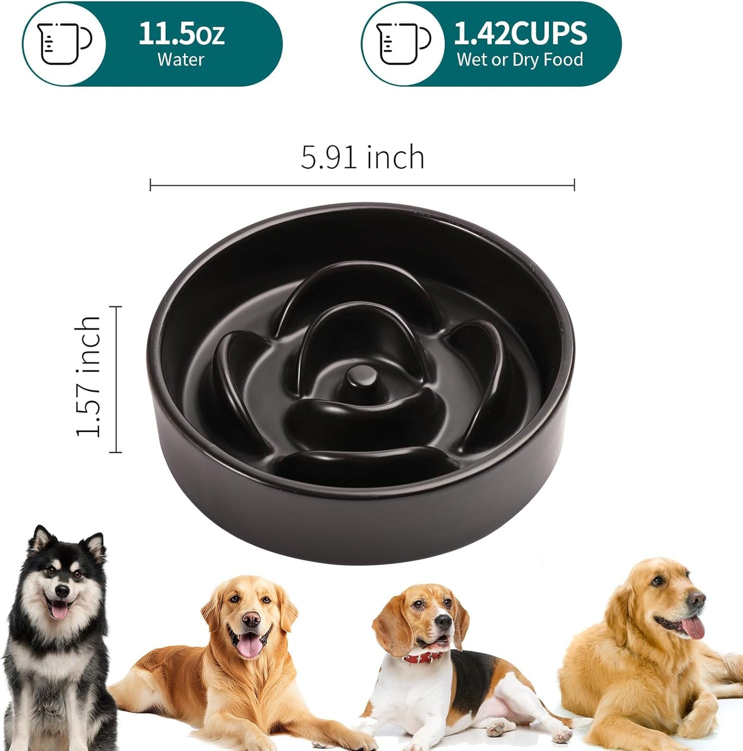 Black Ceramic Slow Feeder Dog Bowl for Medium and Large Breeds,6.1 in Slow Feeding Bowl,Puzzle Dog Food Bowl for Fast Eater,Maze Dish for Fast Eater