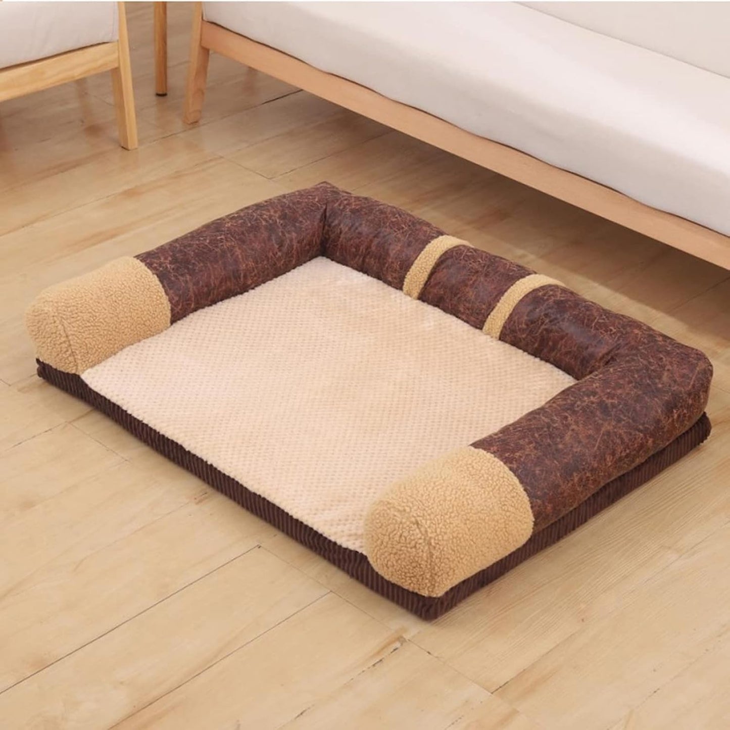 Pet Dog Bed Orthopedic Coral Fleece Furniture Cover with Anti-Slip Back Suitable for Sofa Super Soft Plush Dog Couch Protector with Memory Foam Neck Bolster for Dogs and Cats Washable (Beige Large)