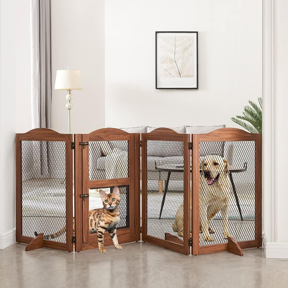 beeNbkks Freestanding Pet Gate with Cat Door, Dog Proof Cat Gate, Indoor Dog Gates for The House Doorways Stairs, Metal Mesh Wooden Small Animal Pet Barrier with Walk Through Door and Support Feet