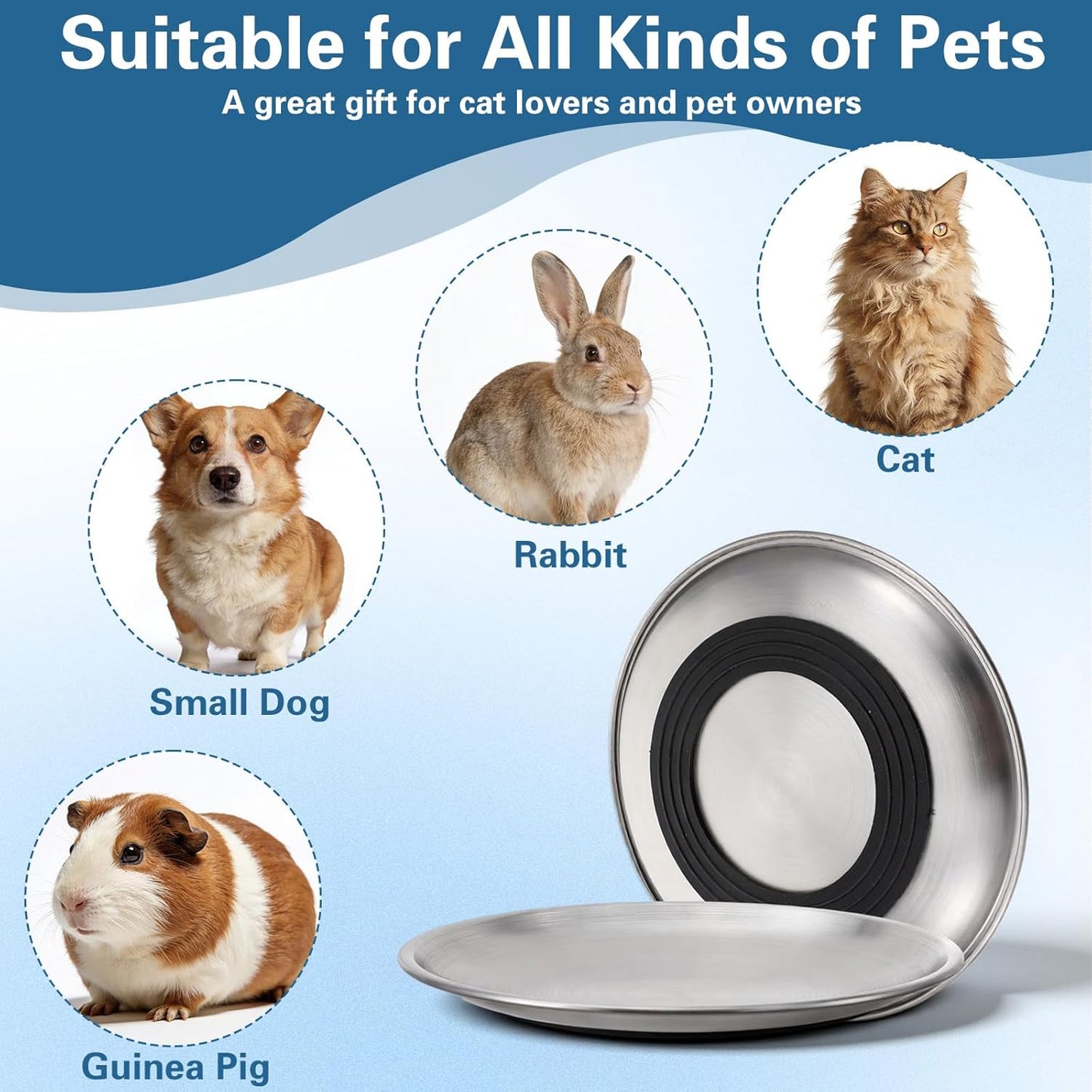 Stainless Steel Cat Bowls Dishes, Flat Metal Shallow Wide Whisker Friendly Cats Food Water Feeding Bowl Plate with Non-Slip Silicone Ring, Indoor Pet Kitten Small Dog Food Tray, Dishwasher Safe(5.5")
