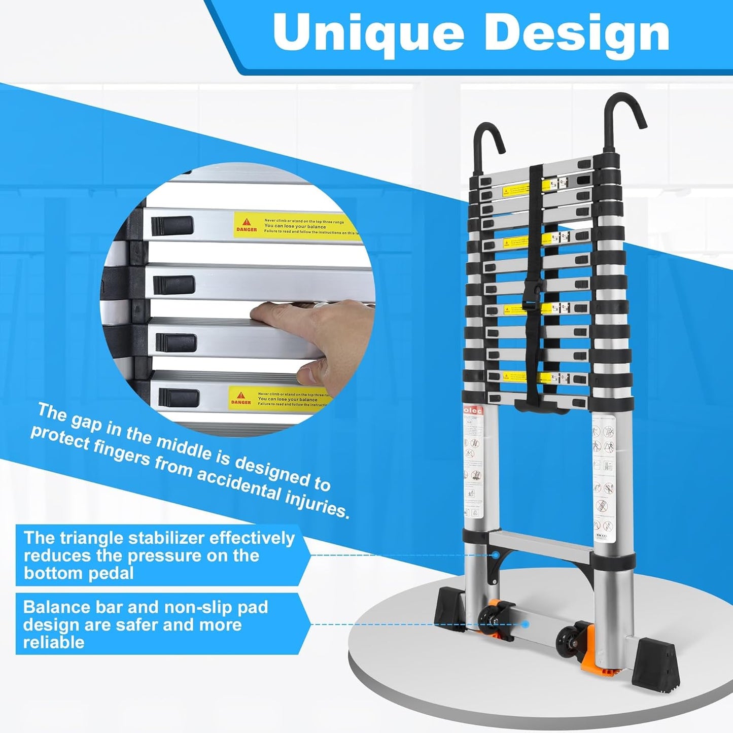 16.5 FT Telescoping Ladder with Hooks, Adjustable Multi-Purpose Collapsible Extension with Stabilizers & Wheels, Heavy Duty 330 lbs Max Capacity, Ideal for Home and Outdoor Work, Silver