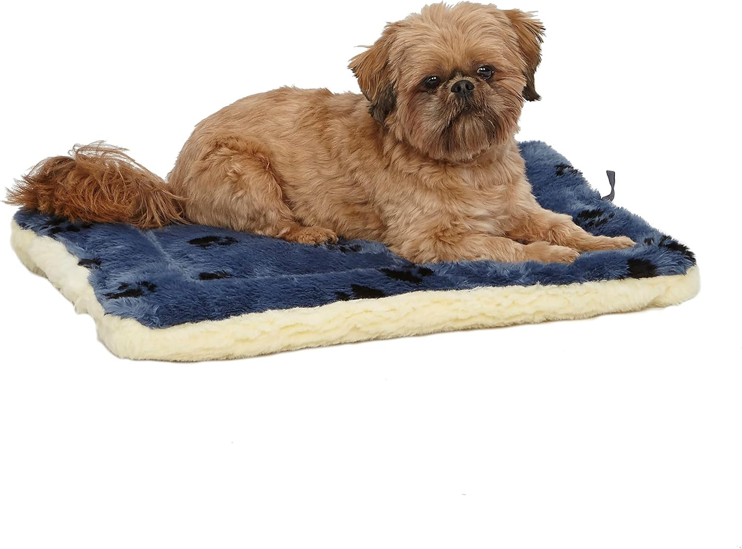 MidWest Homes for Pets QuietTime Reversible Paw Print Pet Bed, Soft Faux Fur & Fleece 24-Inch Crate Mat for Small Dogs, Machine Washable, Blue and Cream