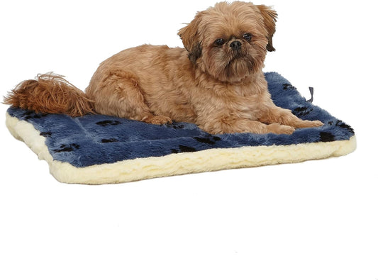 MidWest Homes for Pets QuietTime Reversible Paw Print Pet Bed, Soft Faux Fur & Fleece 24-Inch Crate Mat for Small Dogs, Machine Washable, Blue and Cream