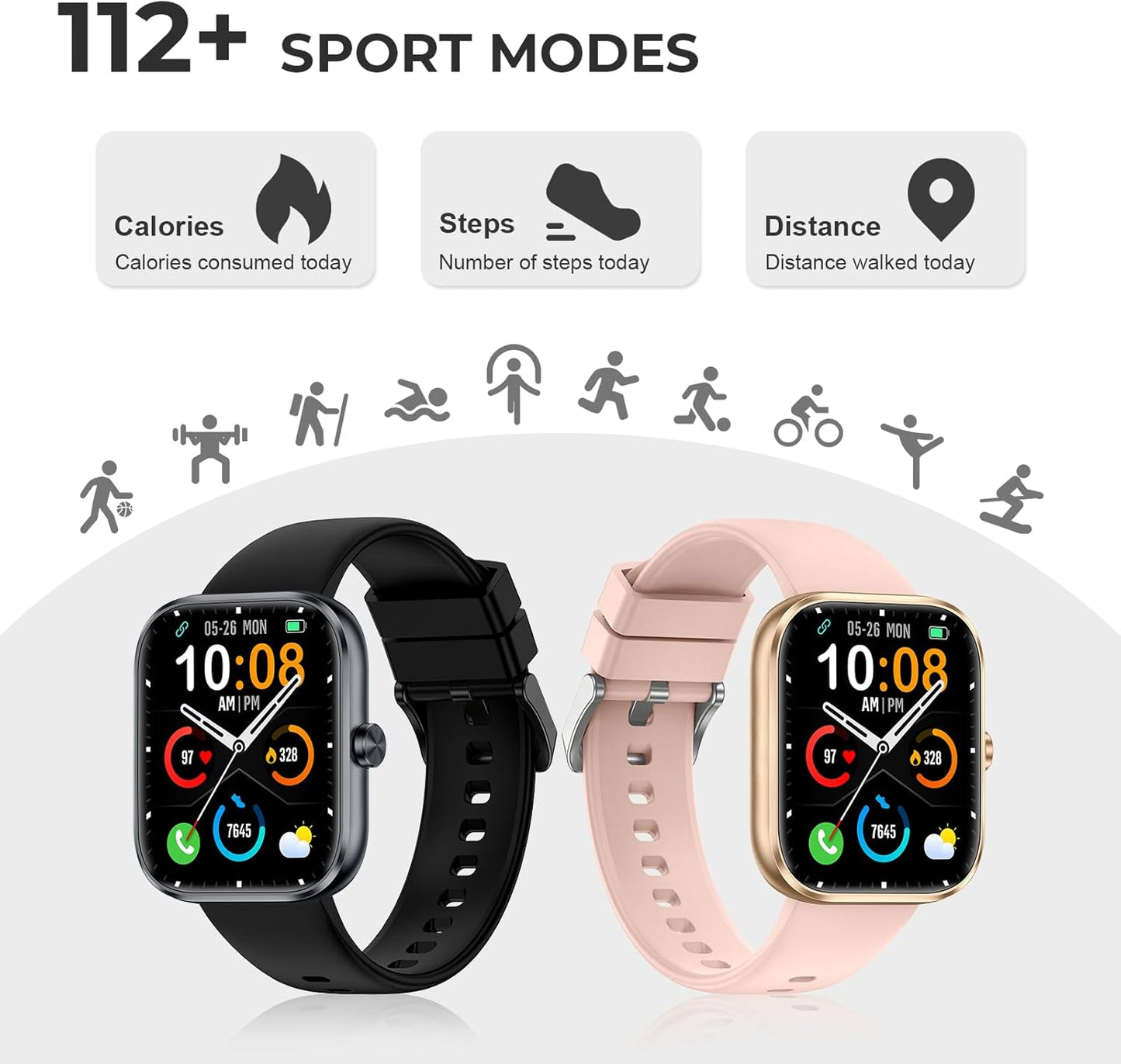 Smart Watch for Men Women, 1.83" HD Touchscreen Fitness Watch with Bluetooth Call&Message Notifications, 110+Sport Modes, 24/7 Heart Rate/Sleep Monitor, IP68 Waterproof Fitness Tracker for Android iOS