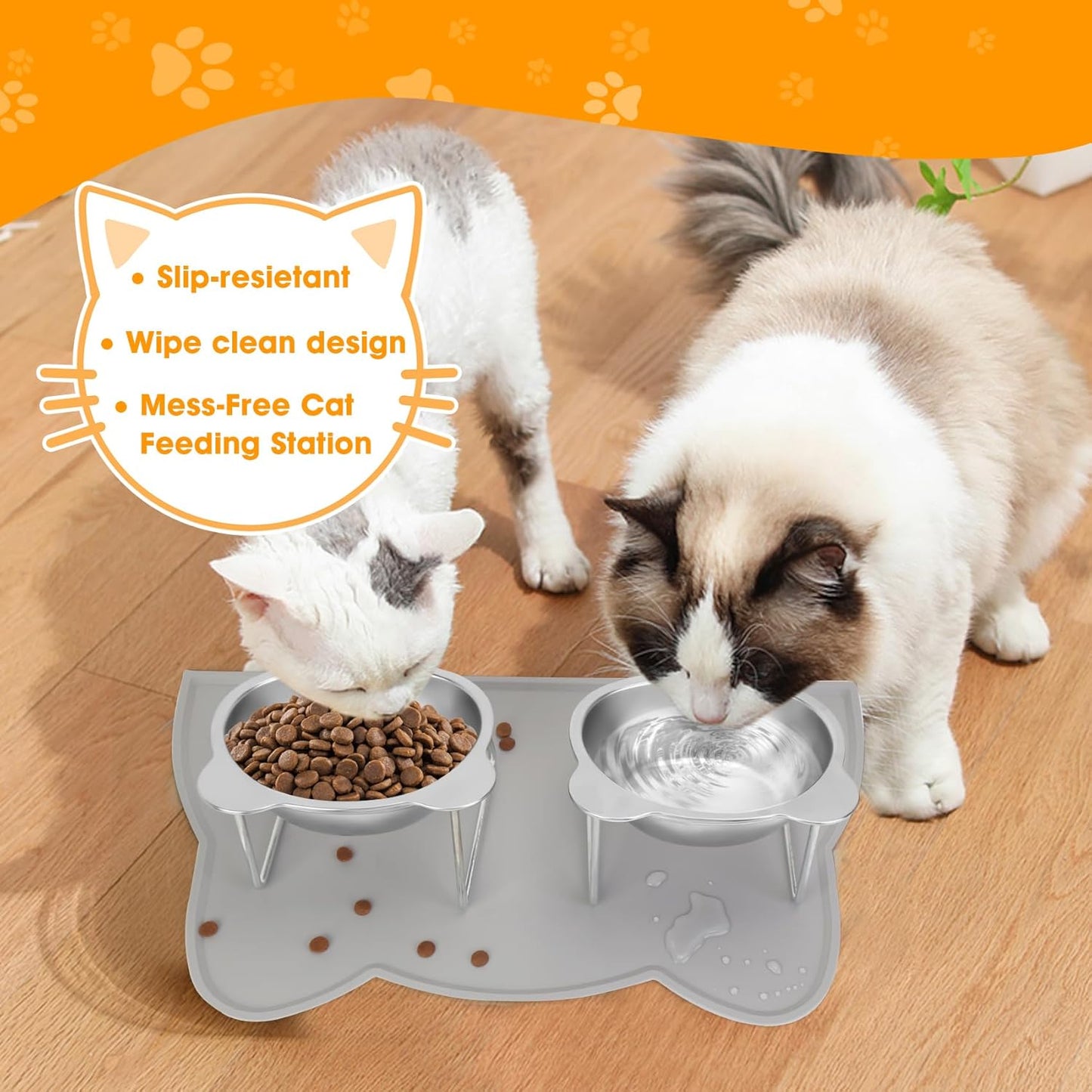 Elevated Cat Bowls, 2 Pack Stainless Steel Cat Food Water Bowls with Non-Slip Placemat, 15° Tilted Stand Anti Vomiting Raised Pet Food Feeding Dishes Plate for Cats Kitten Puppies Dogs Small Animals