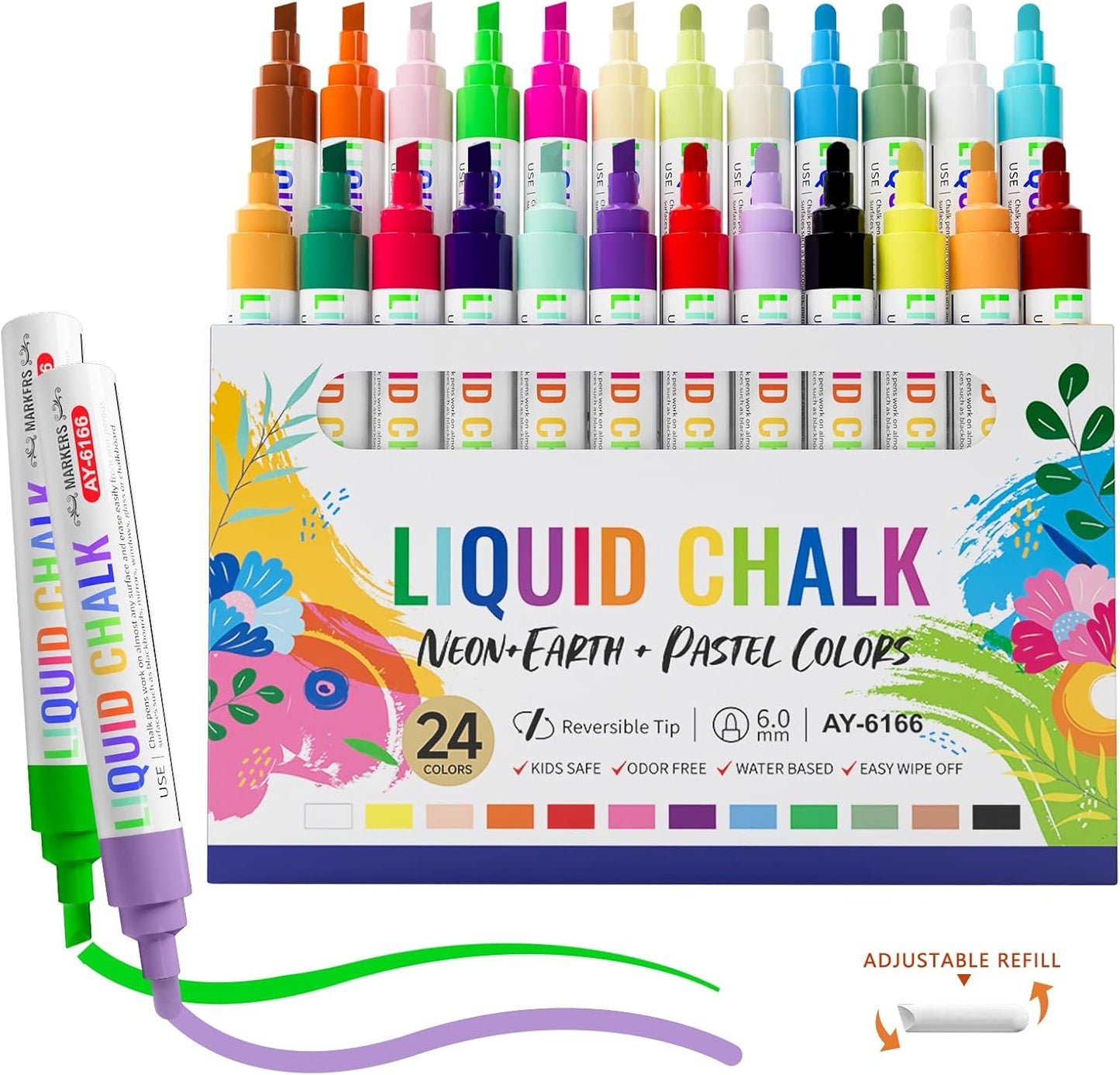 IJIANG Chalk Markers (Neon+Pastel) 24 Colors Erasable with Bullet/Chisel Reversible Tips, Liquid Drawing Chalk Pens for Blackboard, Chalkboard, Whiteboard, Calendar, Cars, Window, Glass, Mirror
