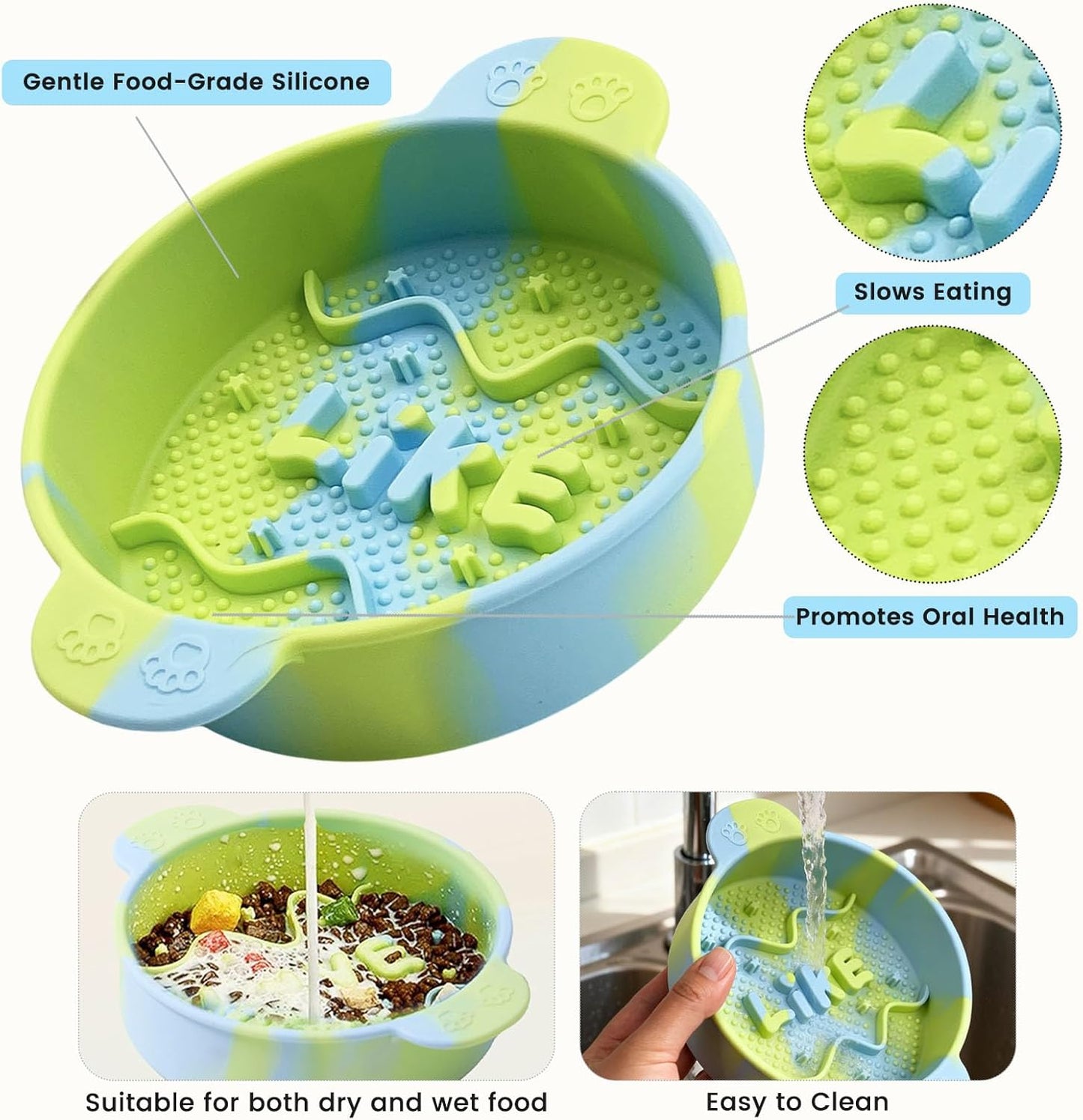 Daily Treasures Slow Feeder Cat Bowl with 15° Raised Bamboo Stand, Silicone Food Dish for Wet & Dry Food,Anti Vomit Interactive Pet Dish,Non-Slip Puzzle Food Bowls for Cats & Small Dogs(Blue & Green)