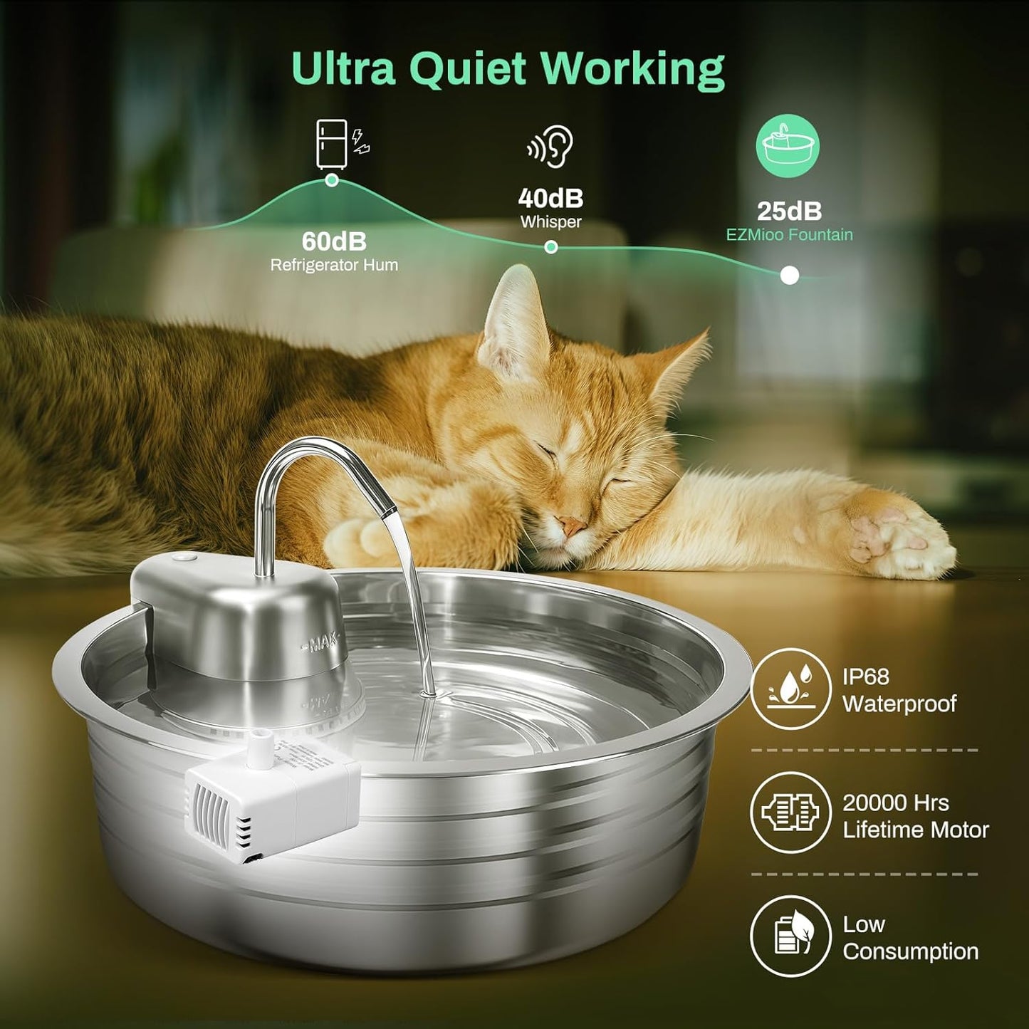 Cat Water Fountain Pump, JY-200S Replacement Pump for Stainless Steel Pet Fountain Adjustable Water Flow Dispenser, Ultra Quiet Pump with Submersible Motor for Dog Drinking Bowl, Low Consumption