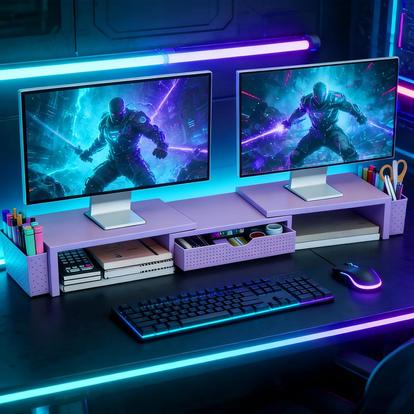 Spacrea Metal Desk Organizers and Accessories, Dual Monitor Stand Riser with Drawer and 2 Pen Holders, Desk Accessories & Workspace Desktop Organizers for Office Supplies (Purple)