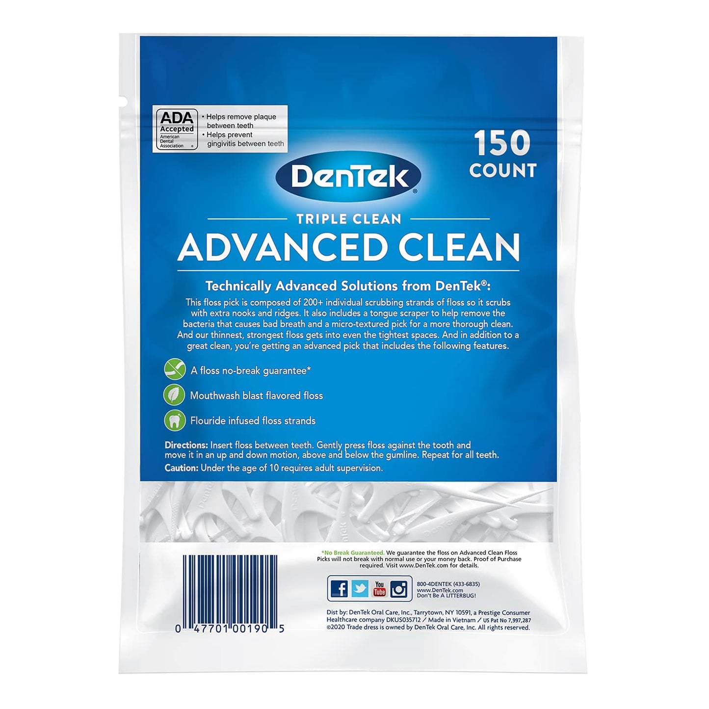 DenTek Advanced Clean Floss Picks with No Break & No Shred Dental Floss, Plaque Remover, 150 Count