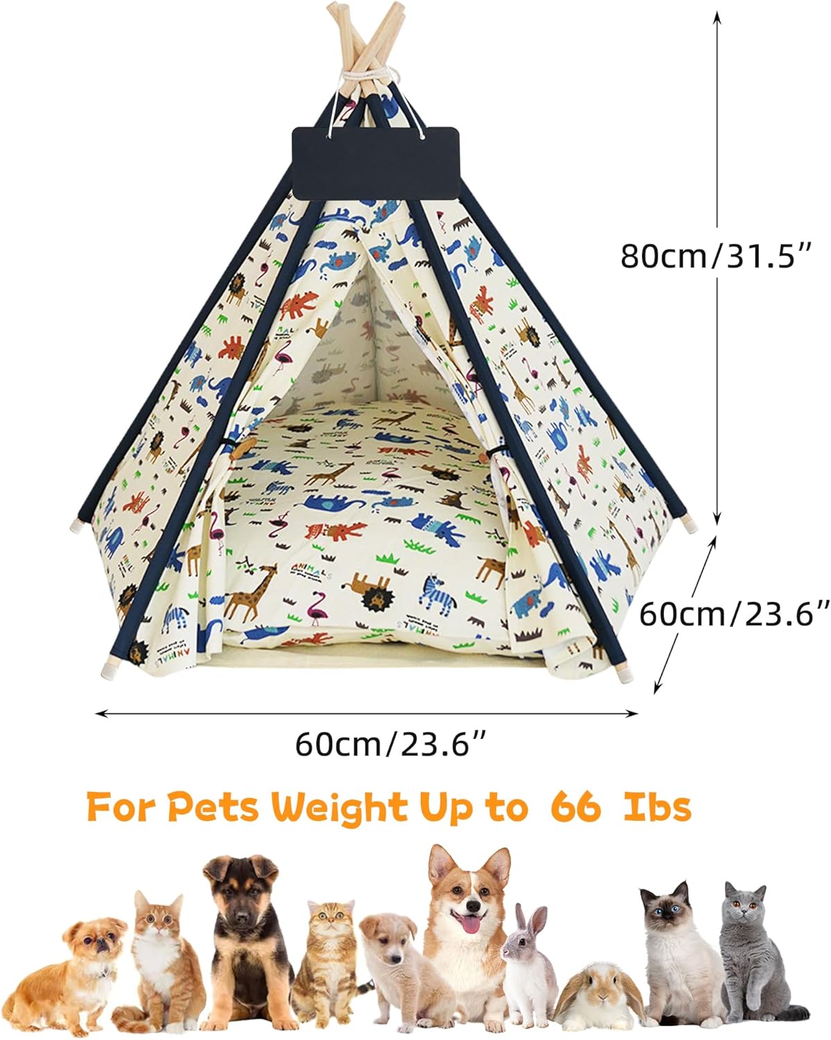 Pet Tent/Tipi for Cats & Dogs - Washable Canvas, Foldable Pet Teepee with Anti-Slip Base & Detachable Cushion | Indoor/Outdoor Safe Shelter for Pets-Zoo-L