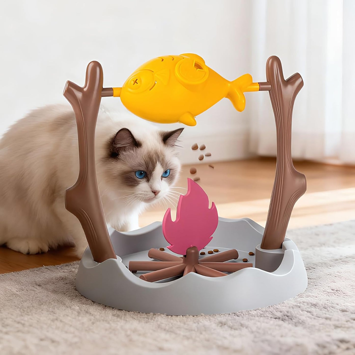 Cat Treat Dispenser Toy - Grilled Dry Food Dispenser, Interactive Feeding Tool for Home Mealtime, Playful Puzzle with Slow Eating, Pet Accessory, Training Toy for Mental Stimulation