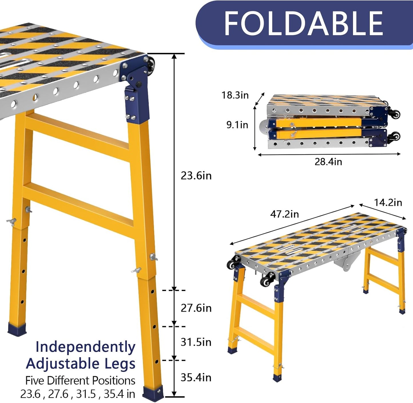 Work Bench+Step Ladder 2 in 1 with 1102 LBS Load Capacity, Versatile Portable Steel Folding Welding Table with Height 23 to 35 inches Adjustable Folding Portable Platform with Non-Slip Mat