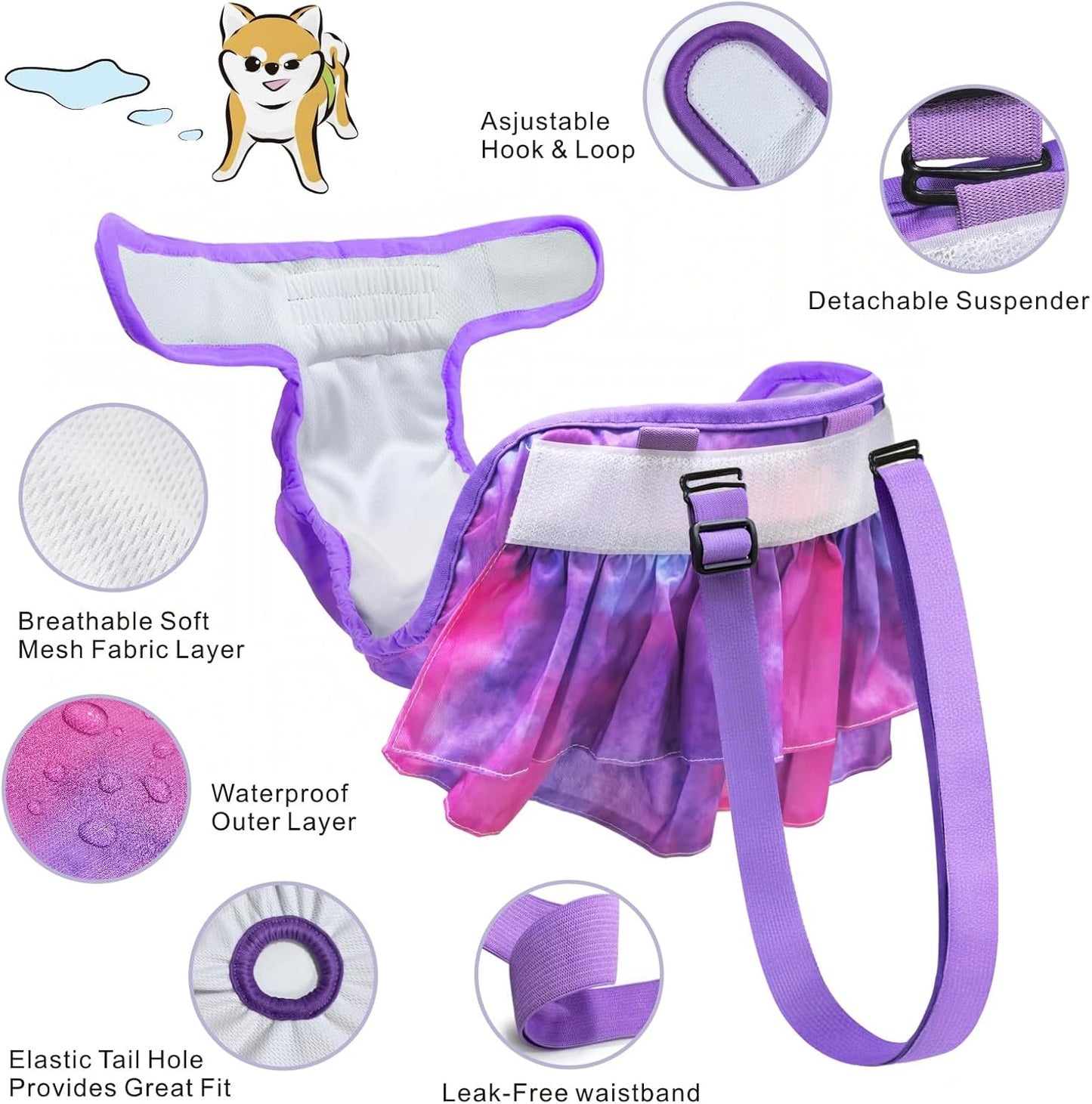 Idepet Female Dog Diapers with Suspender Detachable, 3 Pack Tie Dye Washable Reusable Girl Doggie Diapers Skirts for Small Medium Female Dog in Heat Period Cycle Urinary Incontinence Training S