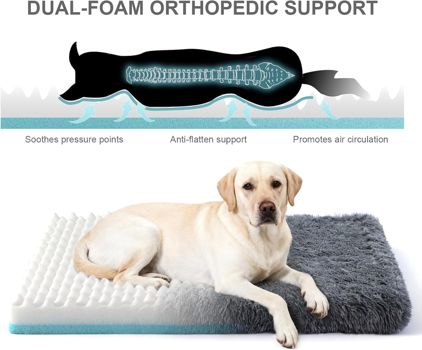 Orthopedic Dog Bed for Large Dogs, Dual-Layer Memory & Egg-Crate Foam, Washable Warm Winter Plush Cover, Waterproof Liner, Non-Slip Bottom, Crate/Kennel Pad, 41 x 27 Inch, Dark Gray