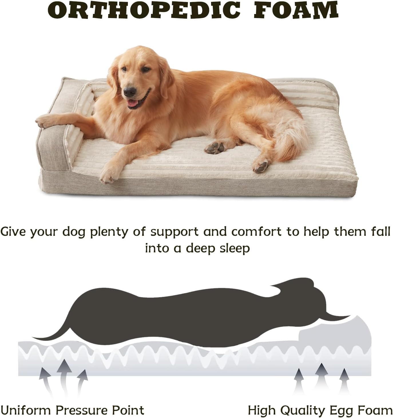 WINDRACING Orthopedic Dog Beds for Large Dogs, Waterproof Egg Foam Dog Sofa Bed with L Bolster Sides, Washable XLarge Pet Bed with Removable Cover & Non-Slip Bottom, 40 x 28 inch, Beige