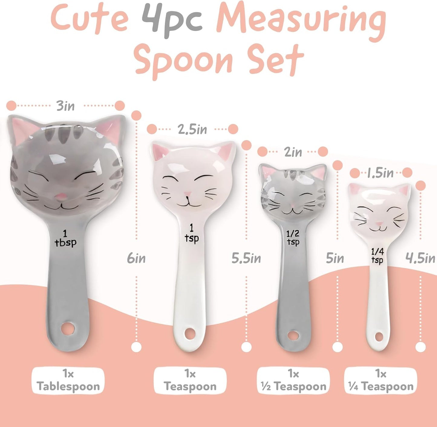 Cat Shaped Ceramic Measuring Spoons - Gift for Any Cat Lover - Cat Ceramic Measuring Spoons Baking Tool - Creative Functional Kitchen Decor - Comes in White and Gray - Set of 4