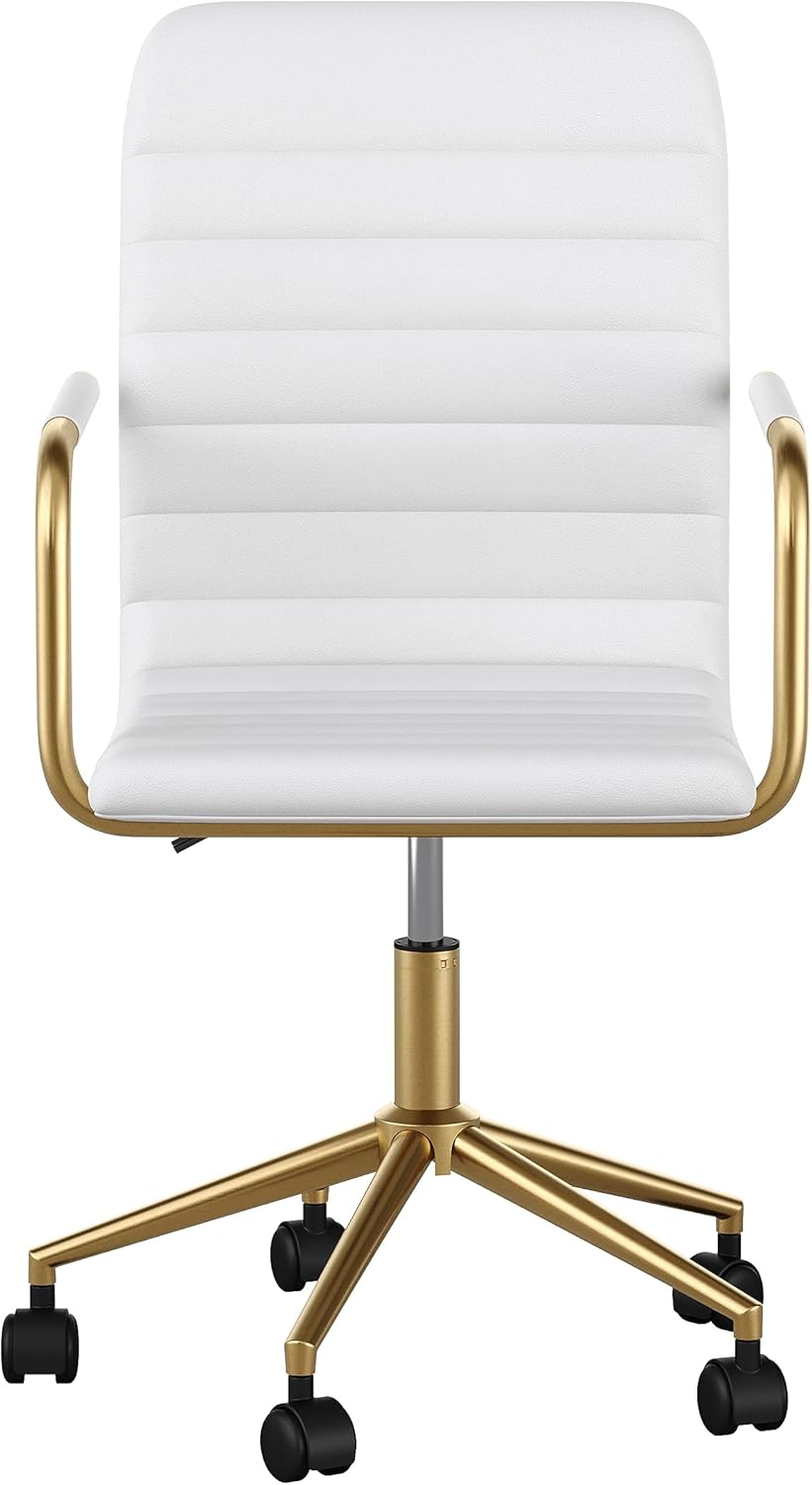 Martha Stewart Taytum Swivel Task Chair with Armrests for Home Office in White Faux Leather with Polished Brass Frame
