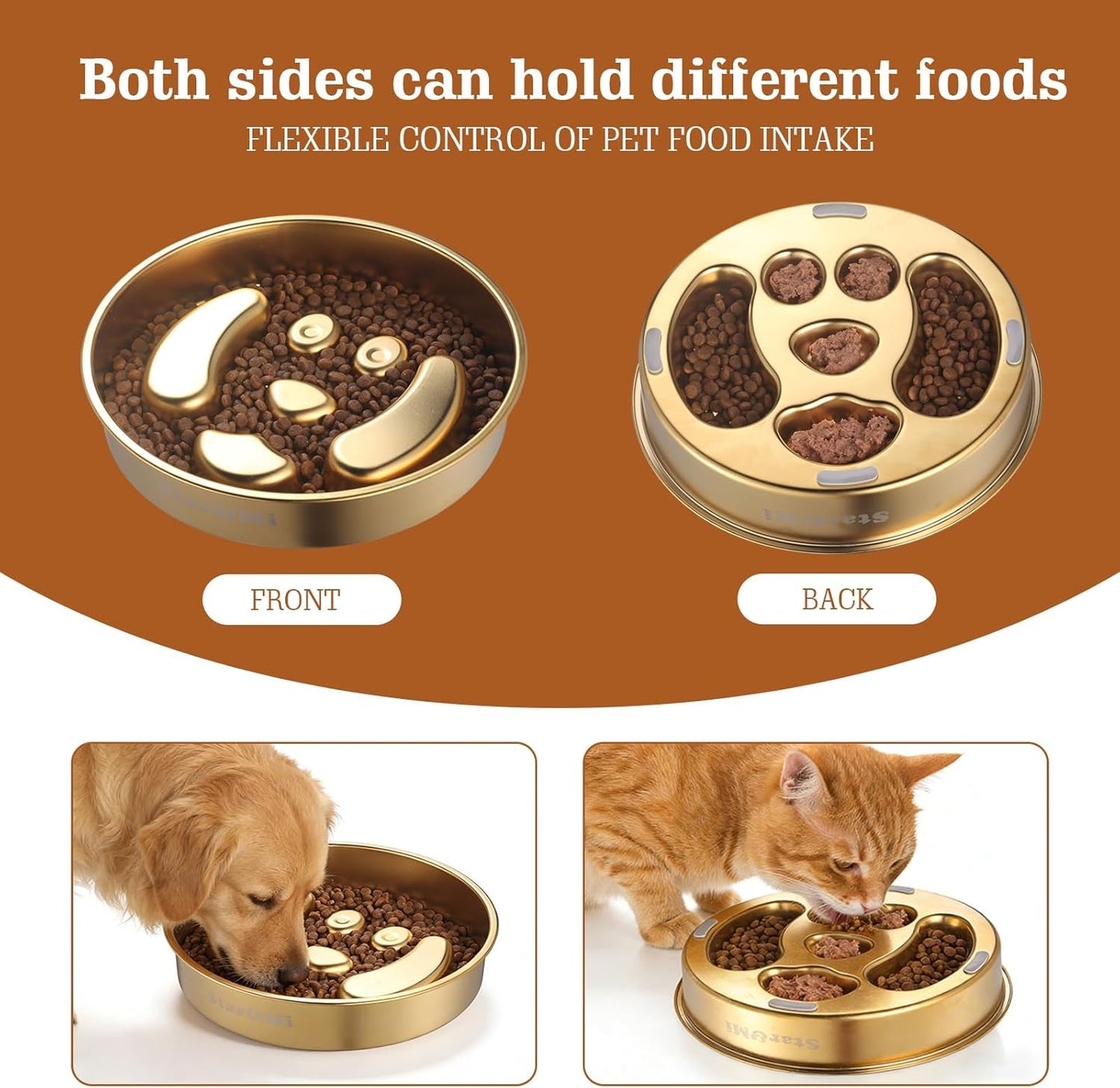 Golden Stainless Steel Slow Feeder Dog Bowls – Non-Slip Metal Dog Bowl for Large & Medium Breeds, Puppy Puzzle Feeder – 2 Cup Capacity for Small to Big Pets – Durable Slow Feed Dog & Cat Food Dish
