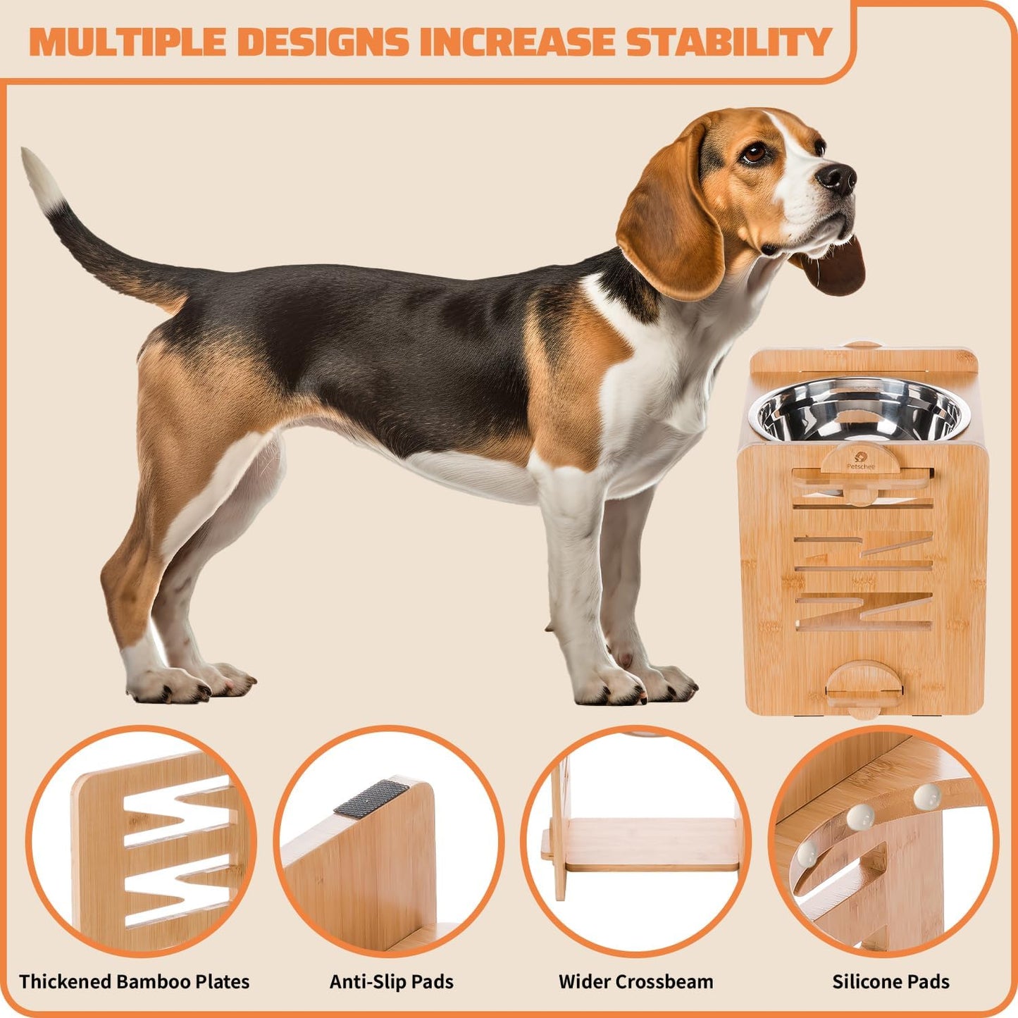 Elevated Dog Bowl 4.7″-11.8″with Food Grade 304 Stainless Steel 51 OZ, 9 Heights Bamboo Dogs Bowl Stand for Medium and Large Dogs, 1 Pack