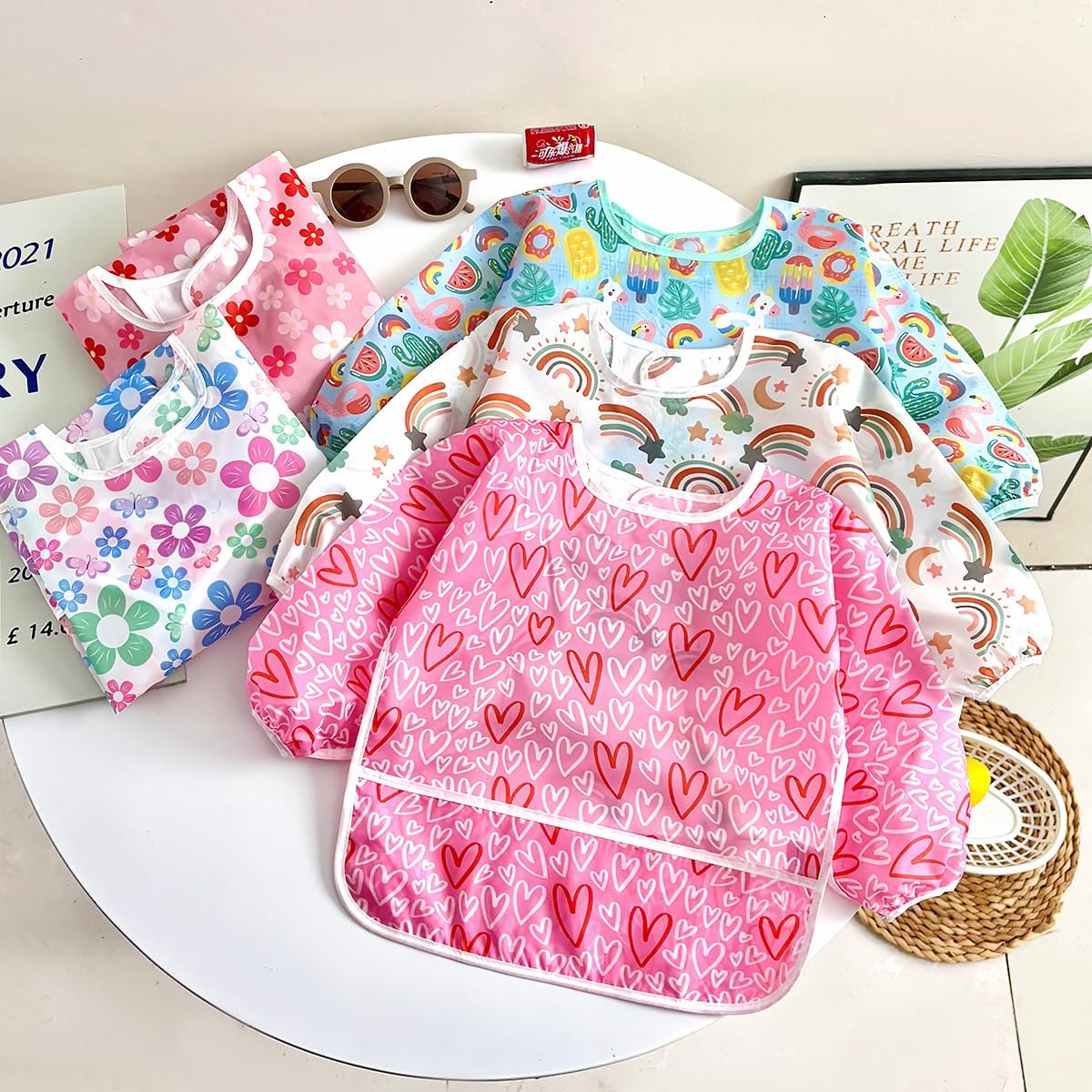 PandaEar 5 Pack Baby Long Sleeve Bibs| Waterproof Full Sleeve Bib for Baby Infant Toddler 6-36 Months