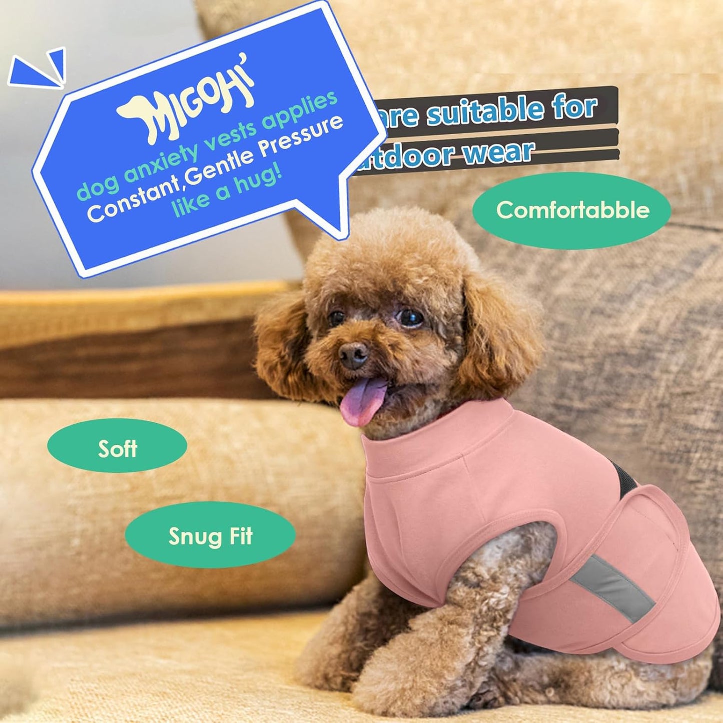 MIGOHI Dog Anxiety Relief Coat,Comfort Anxiety Vest for Dogs,Adjustable Dog Anxiety Calming Wrap for Fireworks,Thunderstorm,Travel,Separation,Anxiety Jacket for Medium Dogs,M,Pink