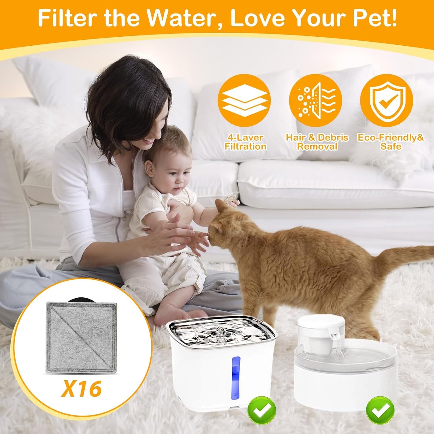 16 Pack Replacement Filters for Petsafe Premier, Ion-X, Outlast Pumpless & Viva Pet Water Fountain, Includes 16 Filters, Carbon Filters for Cat and Dog Indoor