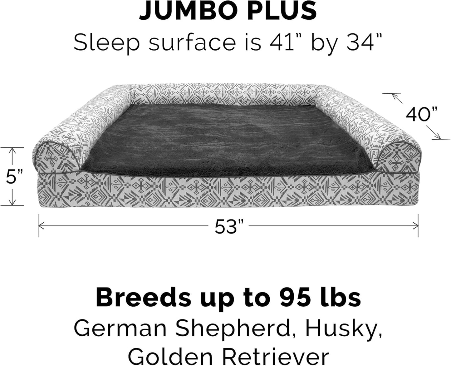 Furhaven Cooling Gel Dog Bed for Large Dogs w/ Removable Bolsters & Washable Cover, For Dogs Up to 125 lbs - Plush & Southwest Kilim Woven Decor Sofa - Boulder Gray, Jumbo Plus/XXL