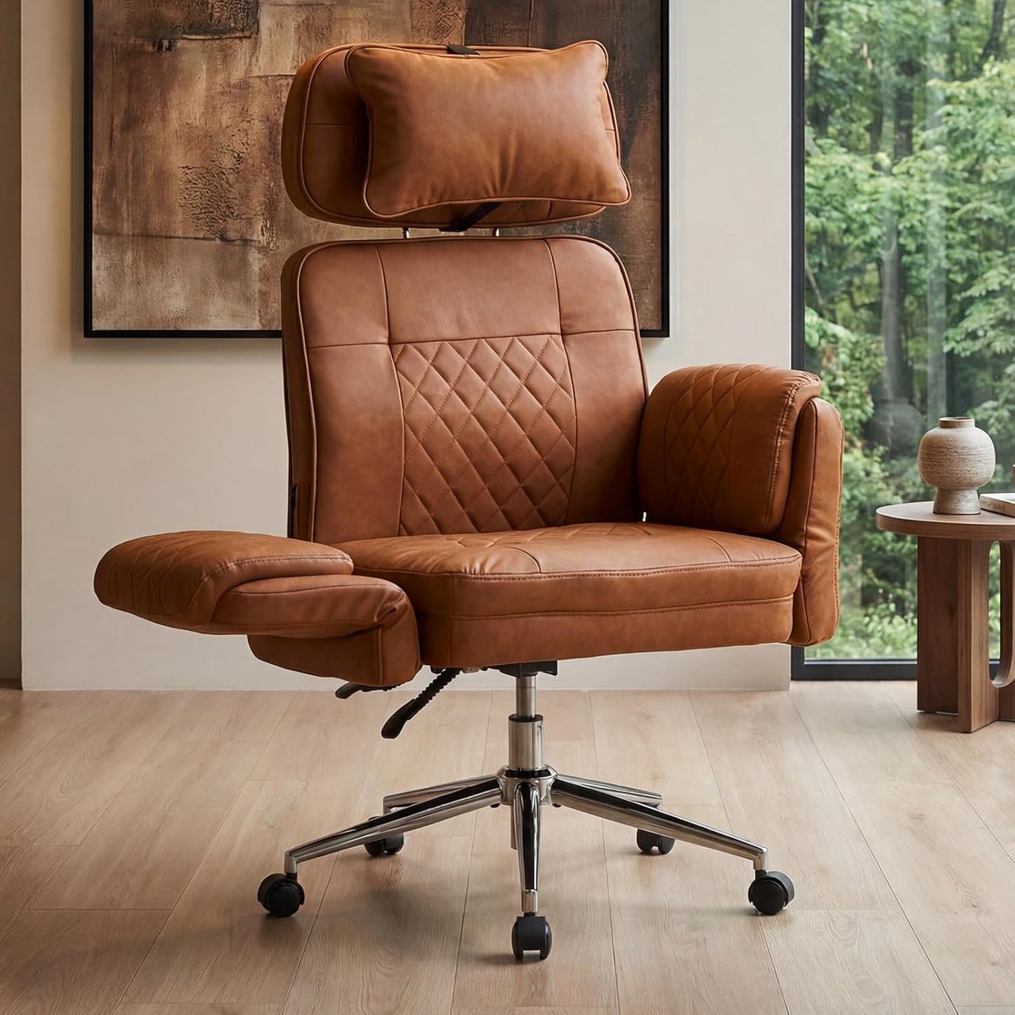 Big and Tall Office Chair - Criss Cross Leather High Back Executive Office Chair with Armrests & Wheels, Ergonomic Computer Gaming Desk Chair for Home, Makeup Vanity & Bedroom, Brown, 49.6”H×22”W