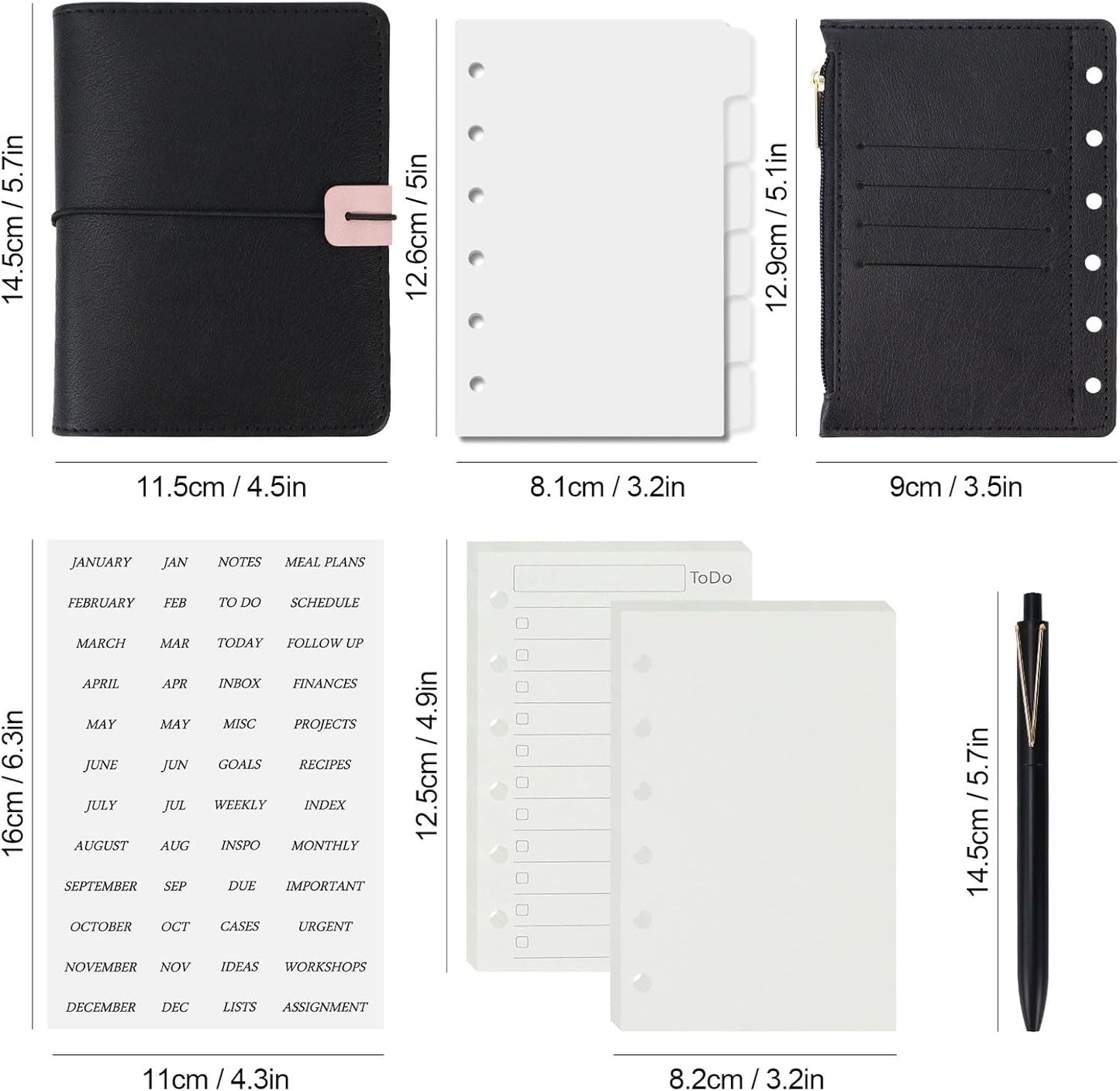 Koqye A7 Refillable Planner Small Binder Notebook 6 Ring, Portable PU Leather Organizer with Zippered Pocket, To-Do & Blank Refill Papers, Dividers, Monthly Sticker, Pen, for Students, Professionals, Travel (Black & Pink)