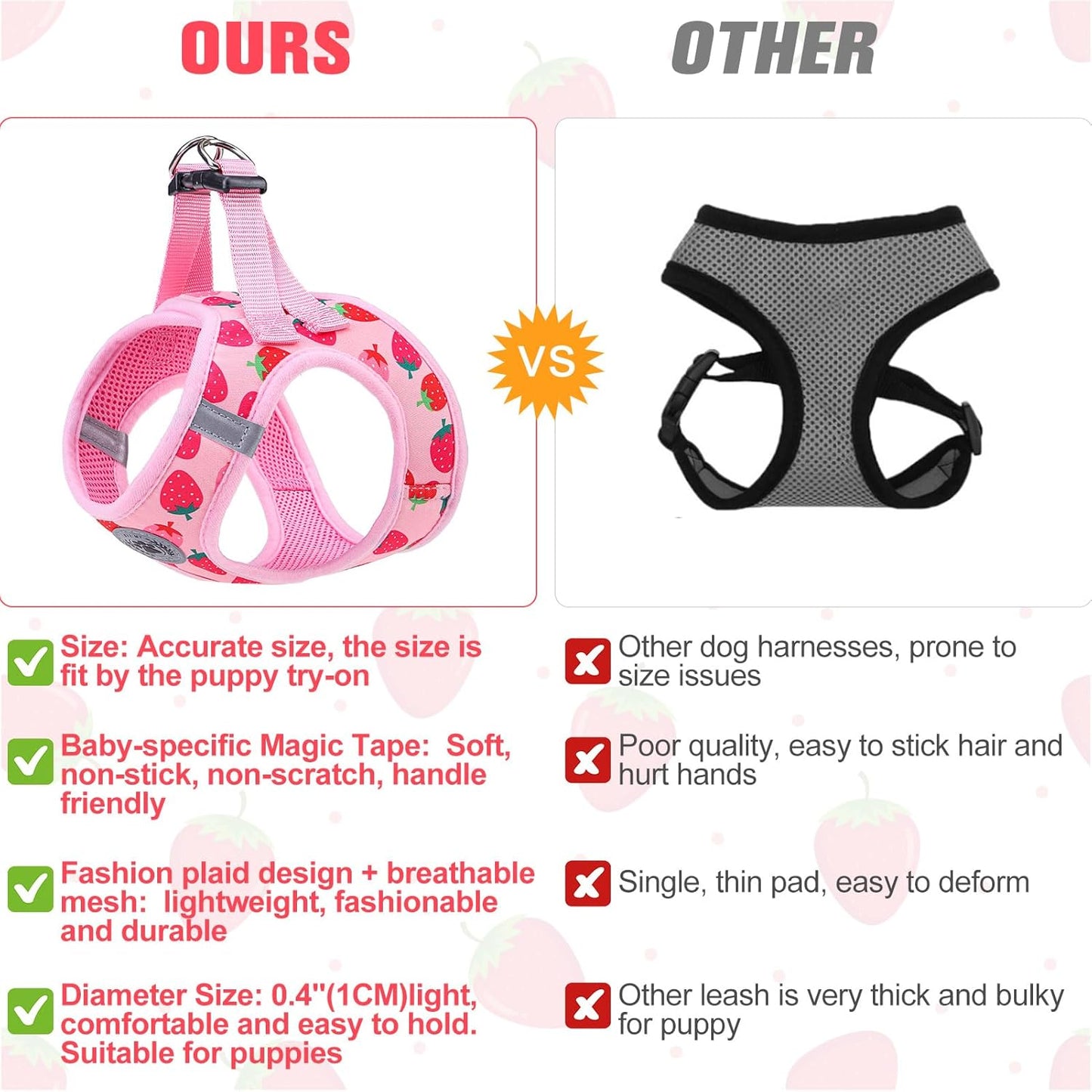 BEAUTYZOO Step in Dog Harness and Leash Set,Reflective Dog Harness No Pull No Choke Puppy Harness for Small Medium Large Dogs Cats,Soft Padded Mesh Vest Harnesses for Girl and Boy Pets, Strawberry M