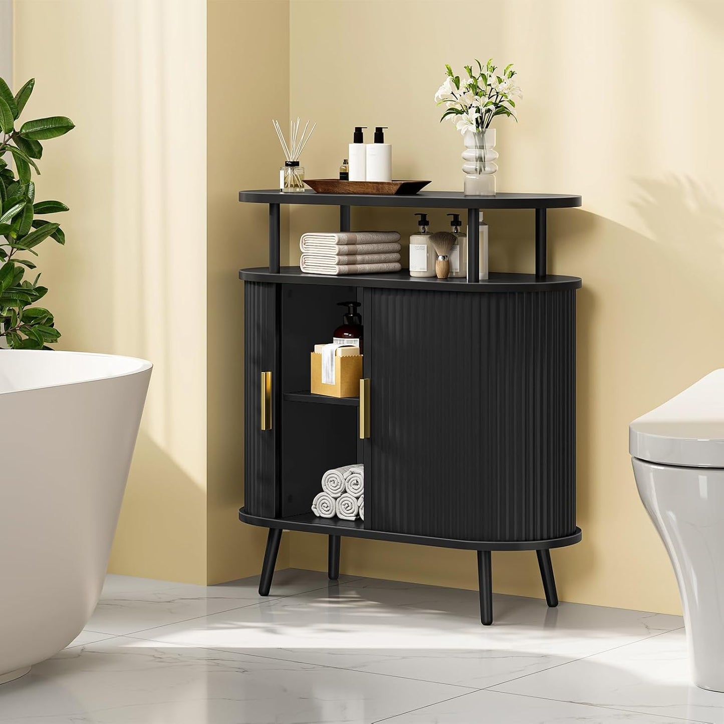 Bathroom Storage Cabinet, Bathroom Cabinet with Sliding Doors, Freestanding Floor Cabinet with Gold Handles, Modern Bathroom Organizer and Storage, for Bathroom, Kitchen, Entryway, Black