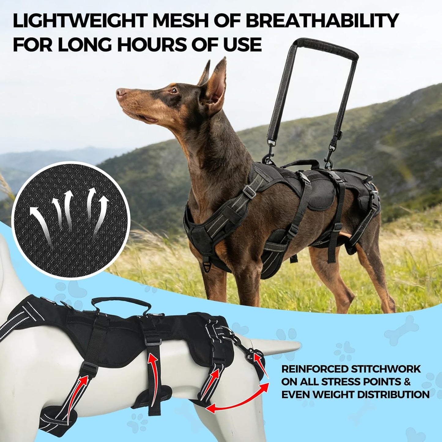BINGPET Dog Lift Harness,Full Body Dog Sling for Large Medium Dogs Hind Leg Support,Adjustable Reflective Vest Dog Harness with Handle,Multifunctional Rescover Dog Carrier Sling