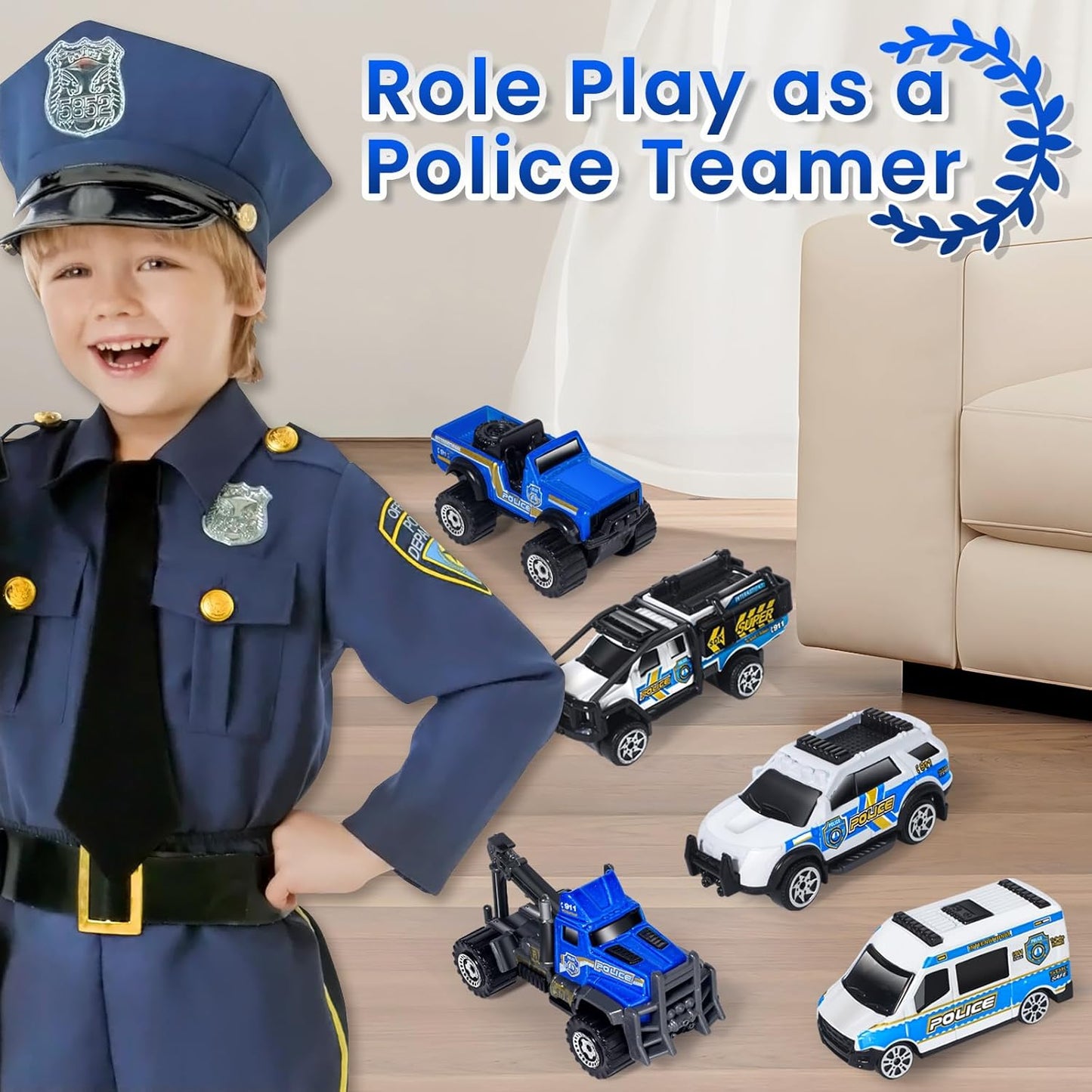 Oriate 6 PCS 1:64 Die-Cast Police Car Toys & Emergency Vehicles Set - Include Helicopter, Tow Truck Toy, ATV - Cake Topper, Police Cars Party Favors, Birthday Gift for Boys Girls Ages 3 4 5 and Above