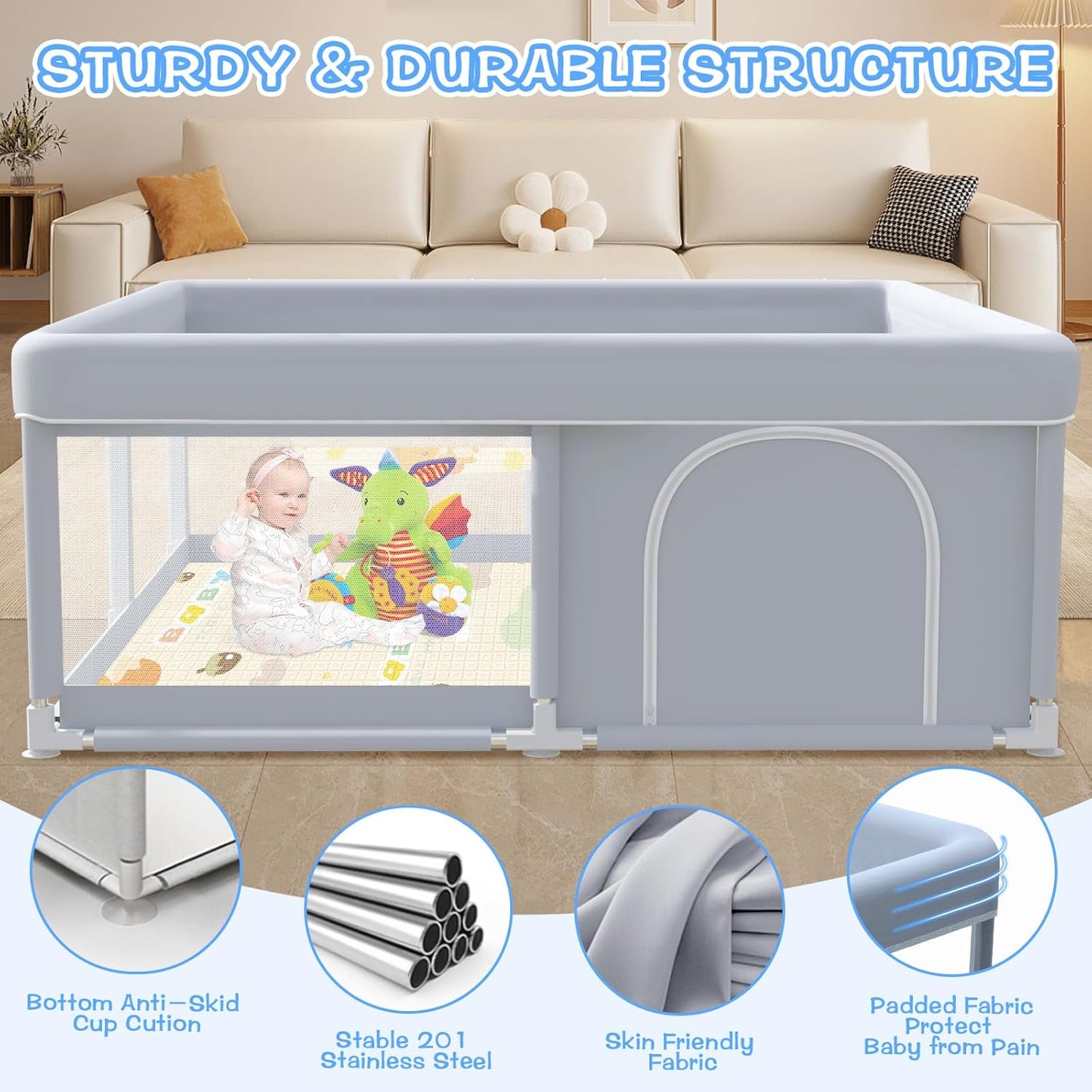 Baby Playpen with Mat, 50x50 Inch Play Pen, Playpen for Babies and Toddlers, Baby Playard for Indoor & Outdoor Active Center Game Fence, with Skin-Friendly Fabric and Soft Breathable Mesh