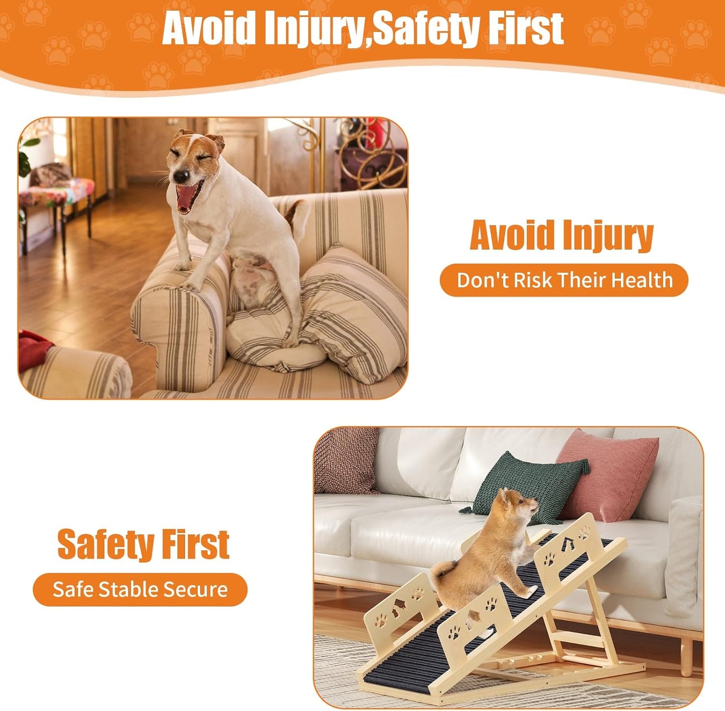 Dog Ramp for Bed 4 Adjustable from 13.8"-22.8" Portable Dog Steps Folding Ramp for Dogs to Get On Bed Wooden Paw Ramps with Anti-Slip Grip & Safety Rails Dog Stairs for High Beds Car Couch