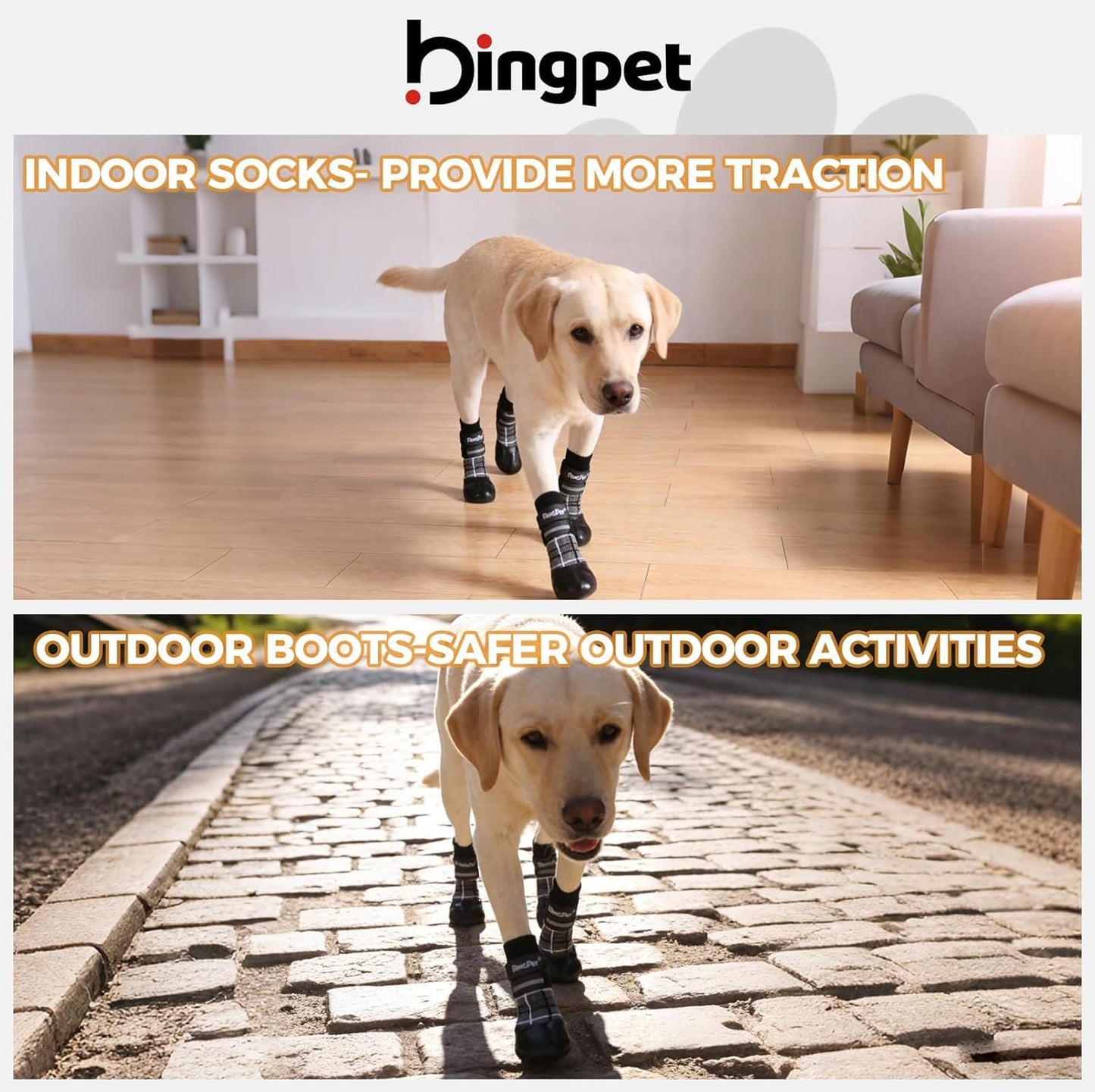BINGPET Waterproof Dog Socks Boots to Prevent Licking Paws,Anti Slip Dog Booties & Paw Protectors with Dual Straps for Hot/Cold Pavement,Indoor Outdoor Grip Dog Shoes for Small Medium Large Senior Dog