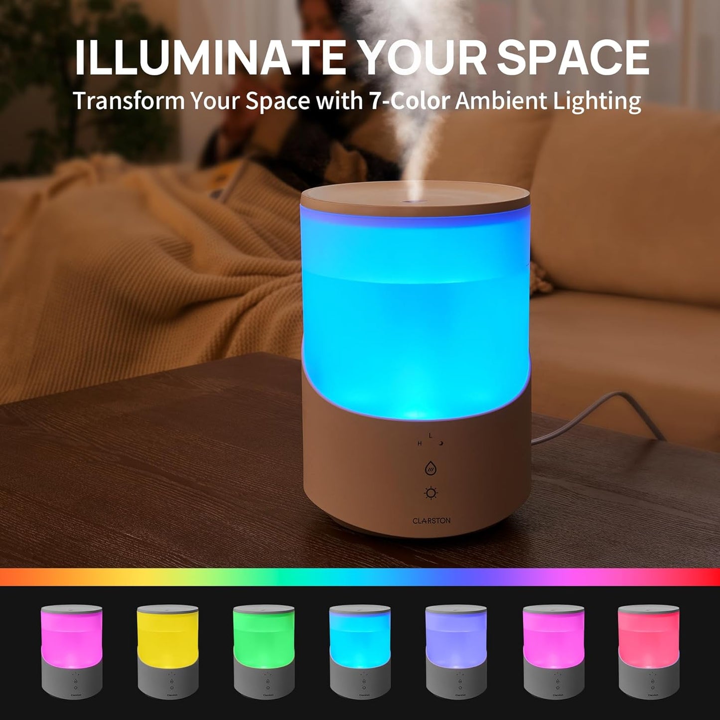 Clarston Humidifiers for Bedroom, 2.5L Cool Mist Humidifier with Essential Oils Diffuser and Nightlight, Top Fill Humidifiers for Home Large Room, Timer, Auto Shut-off, 25H Runtime
